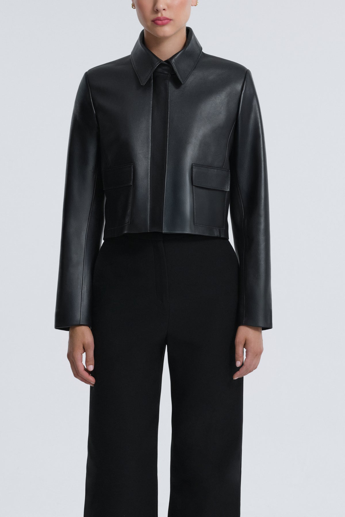 Model is Wearing Nour Hammour Bleeker Minimal Leather Jacket Black - Front