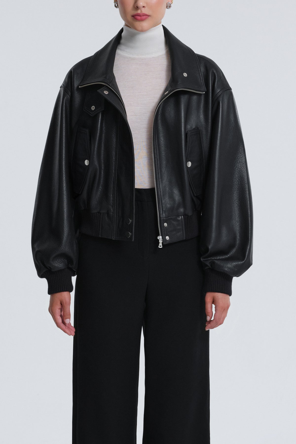 Model is Wearing Nour Hammour Briar Cropped Bomber Jacket Black - Front Open
