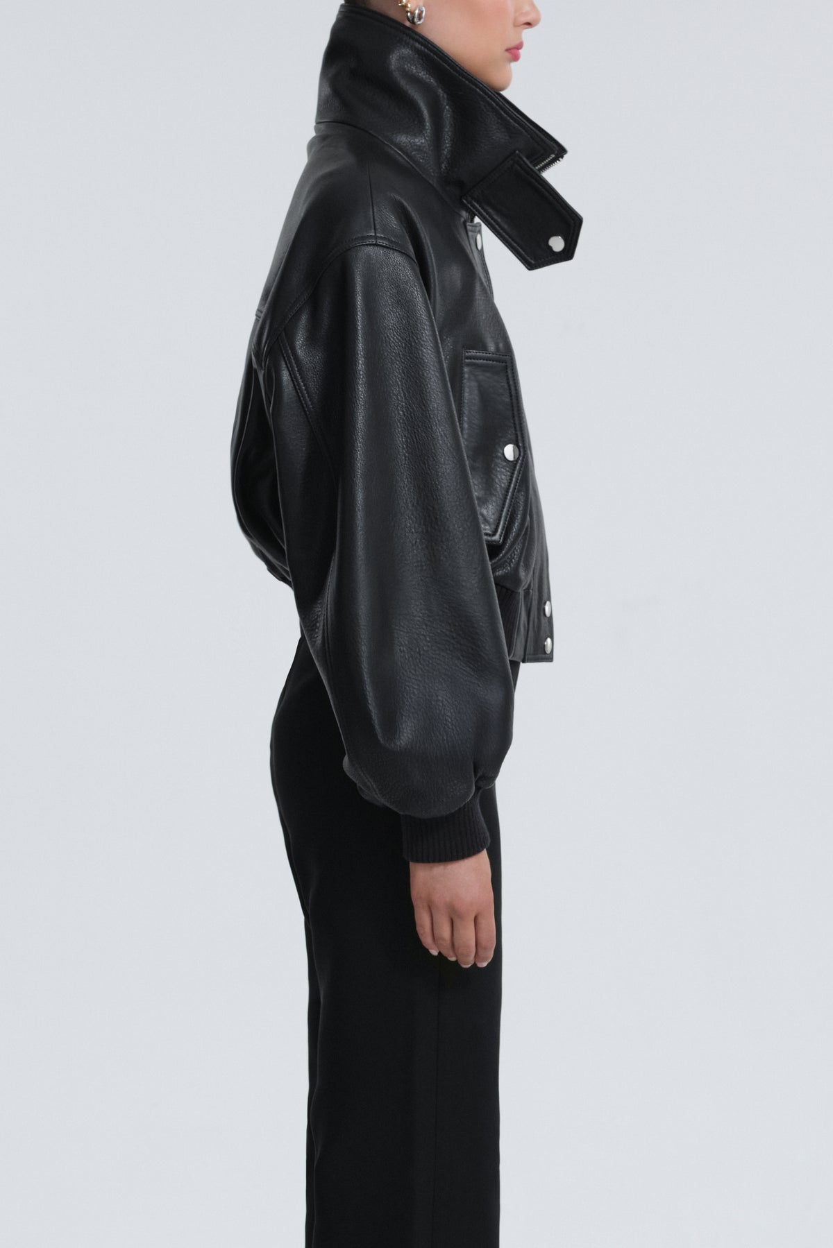 Model is Wearing Nour Hammour Briar Cropped Bomber Jacket Black - Side