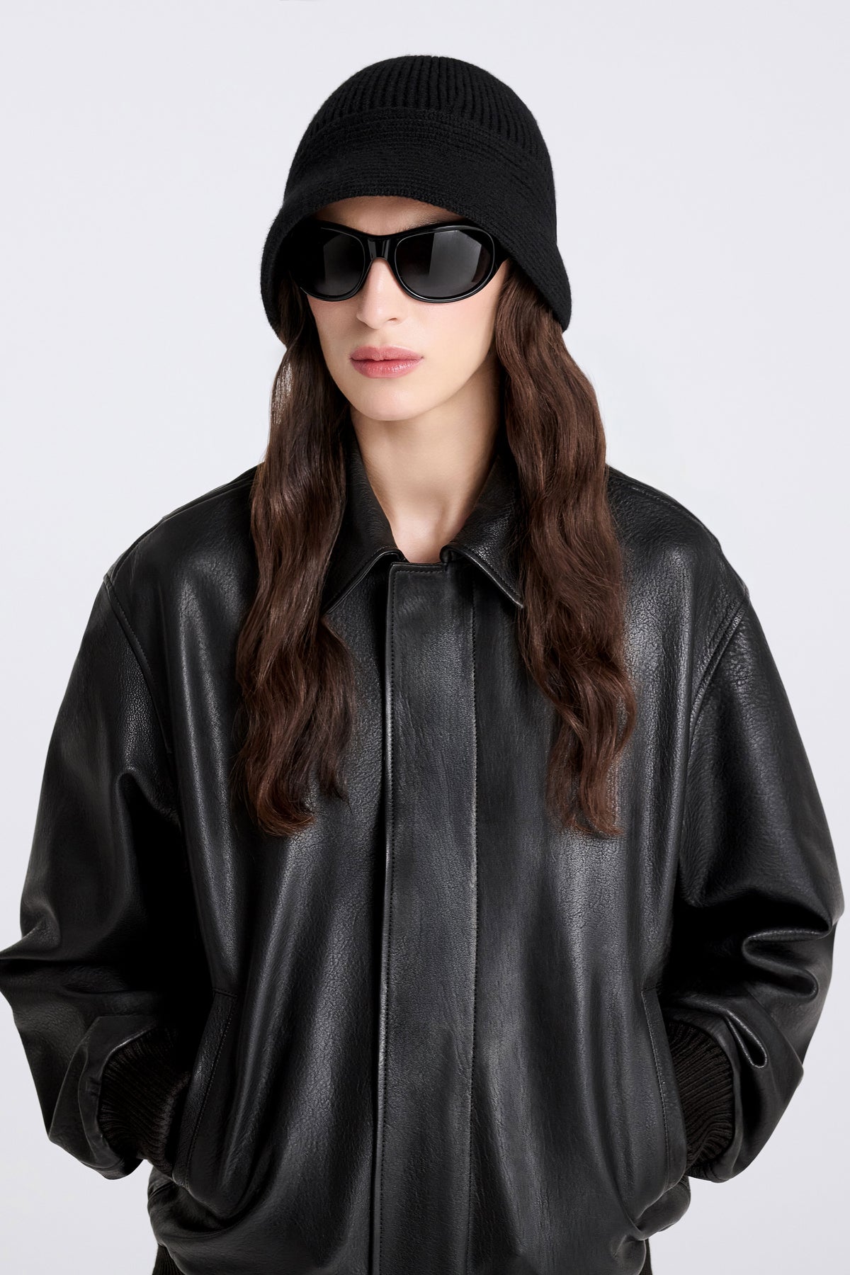 Model is Wearing the Nour Hammour Bruno Cloche Cashmere Hat in Black - Front