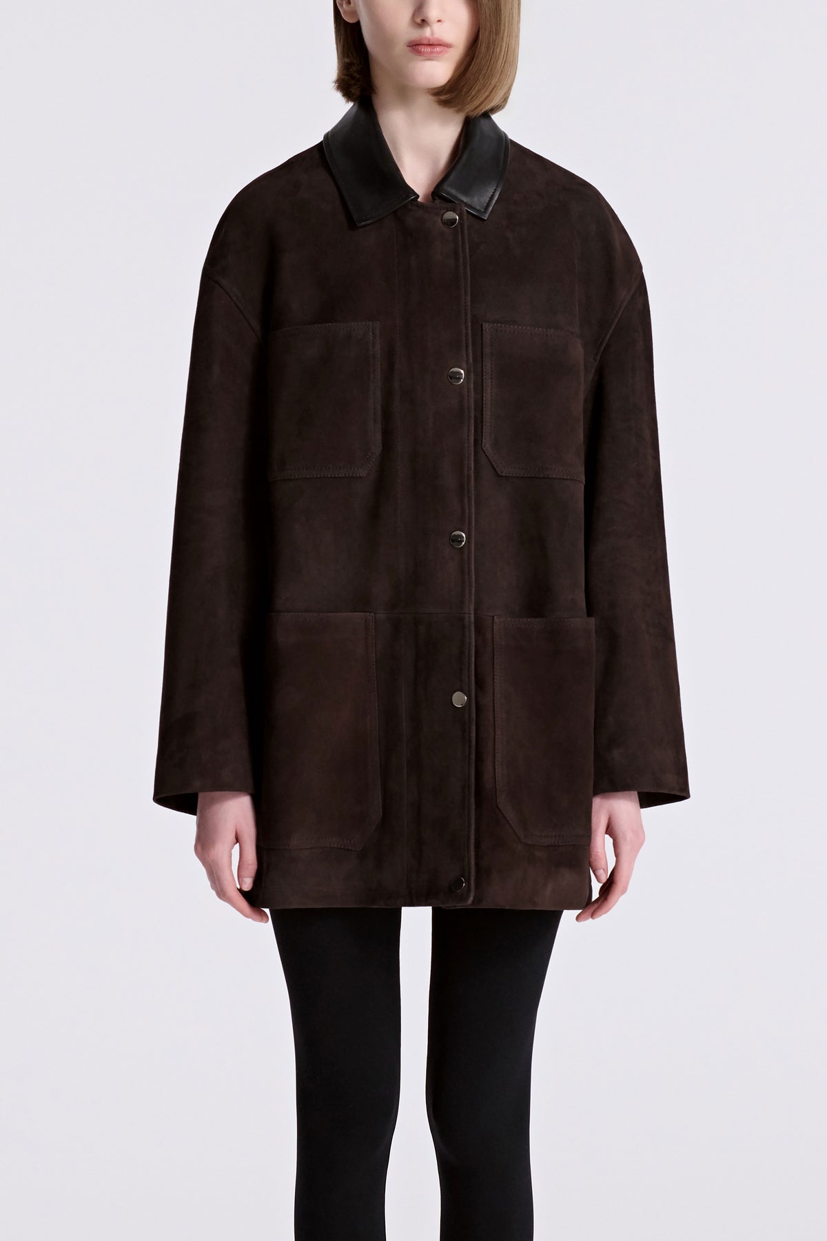 Model is Wearing Nour Hammour Barn Minimal Suede Jacket Mocha - Front Closed