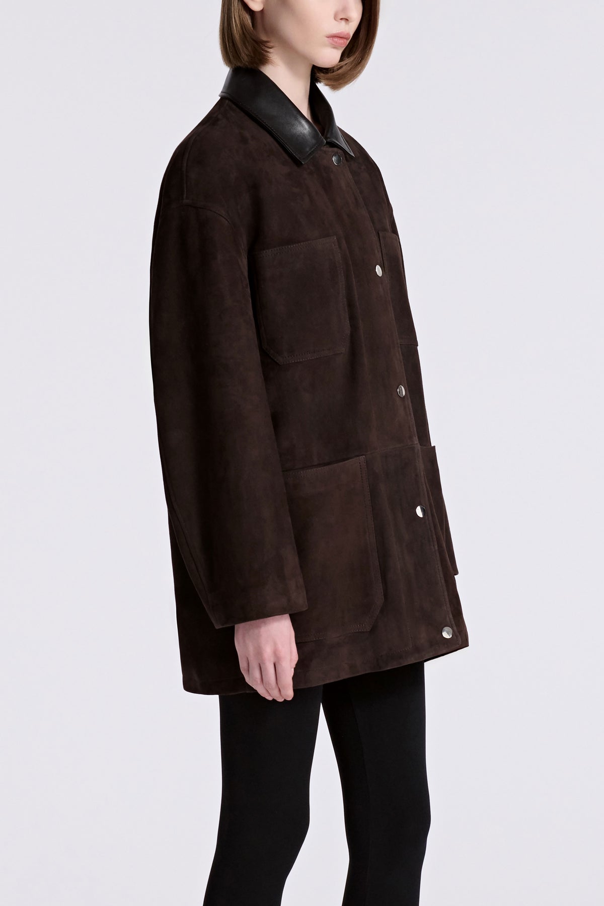 Model is Wearing Nour Hammour Barn Minimal Suede Jacket Mocha - Three Quarters