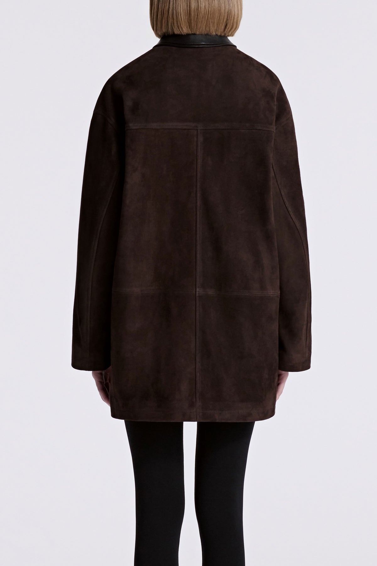 Model is Wearing Nour Hammour Barn Minimal Suede Jacket Mocha - Back