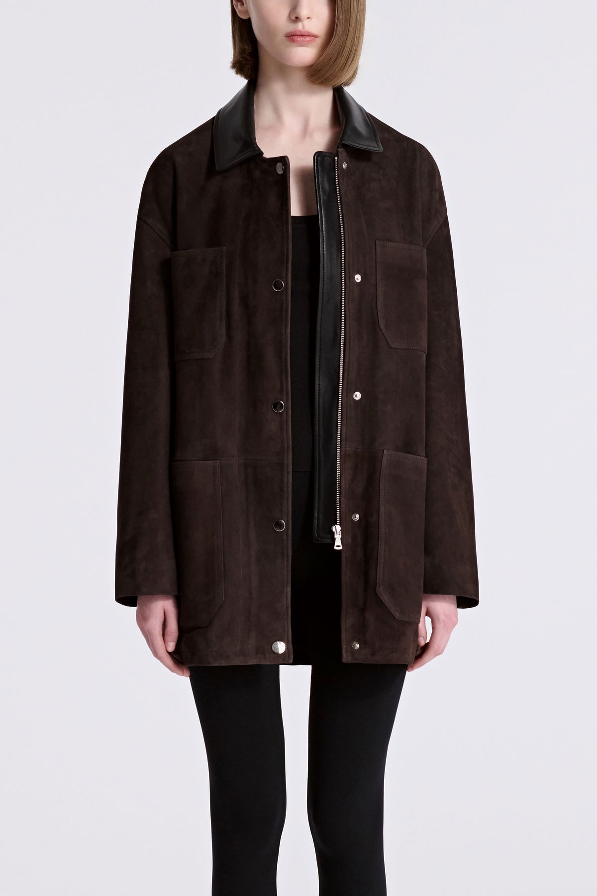 Model is Wearing Nour Hammour Barn Minimal Suede Jacket Mocha - Front Open