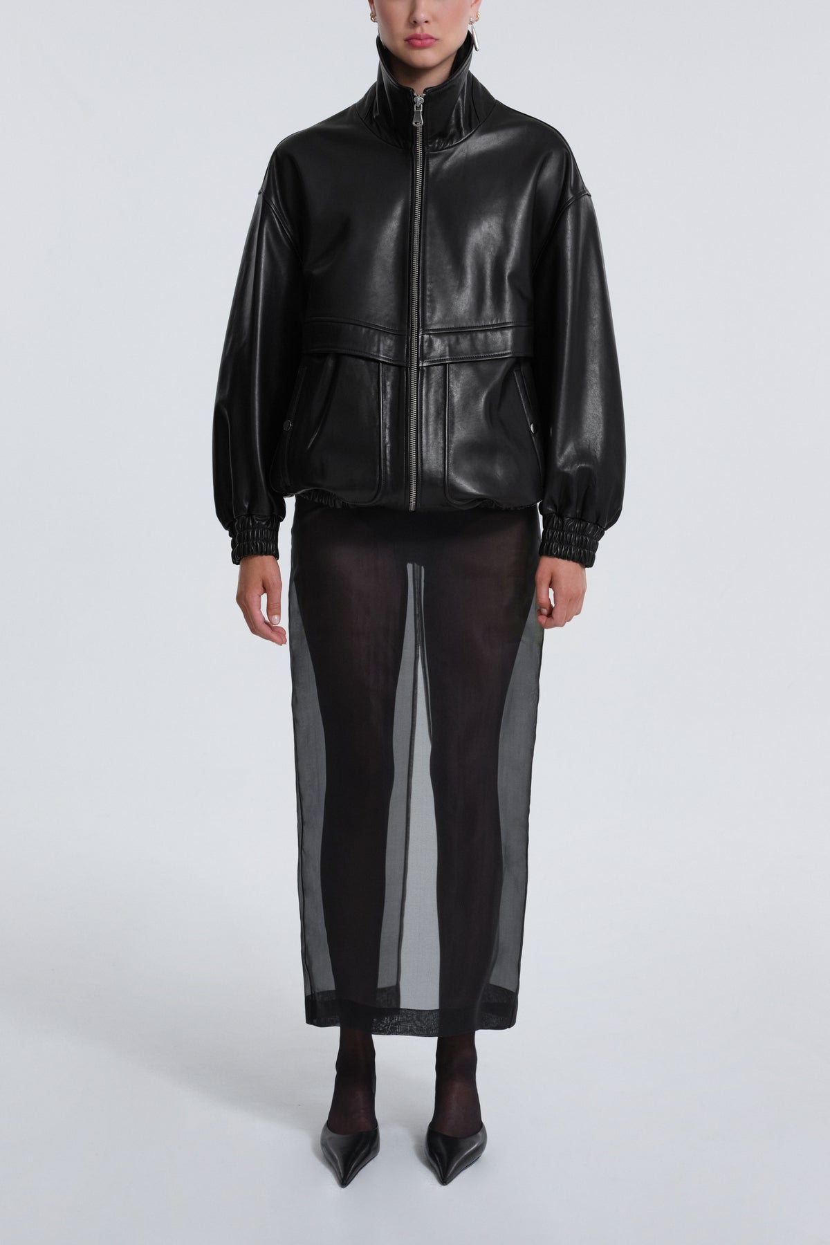 Model is Wearing Nour Hammour Beck Modern Leather Bomber Black - Front