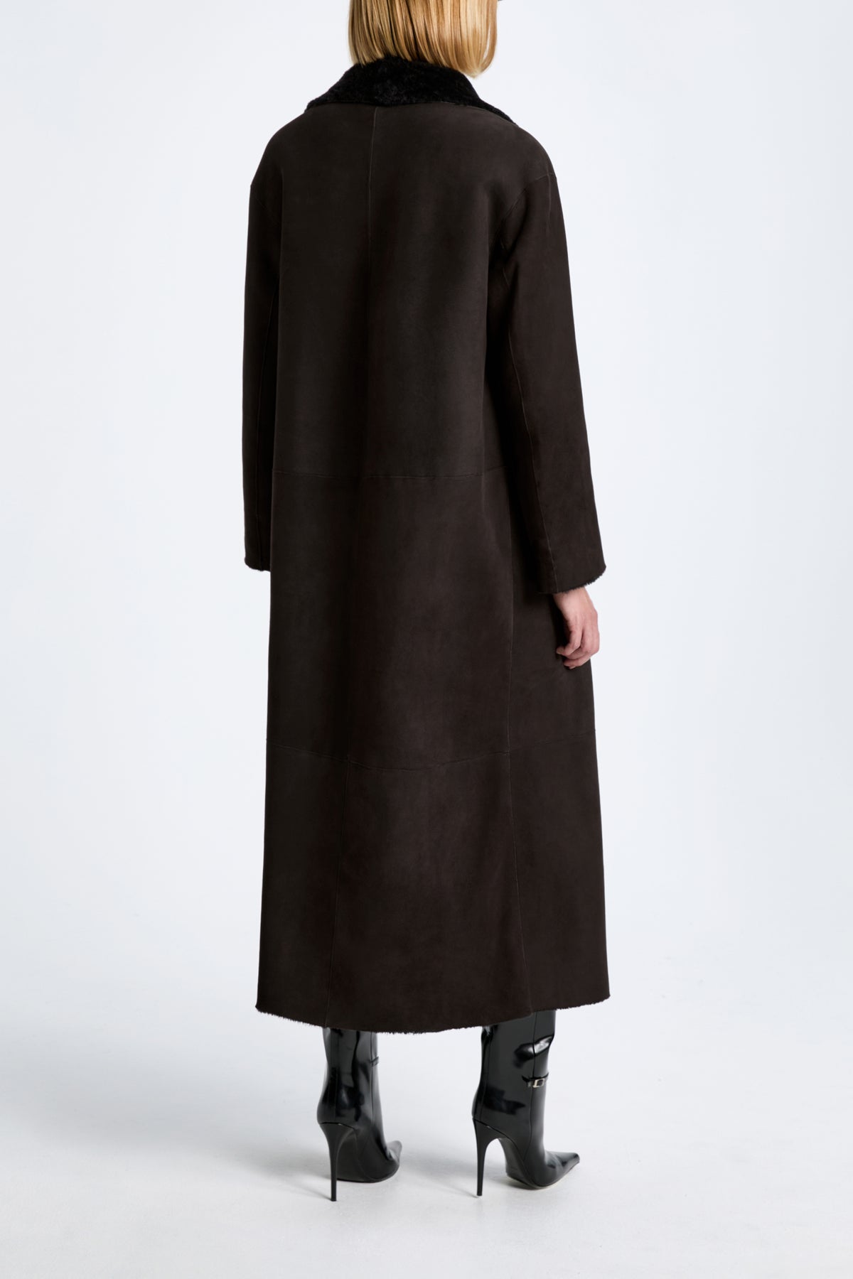 Model is Wearing Nour Hammour Birthday Coat Draped Shearling Coat Brown Black - Back