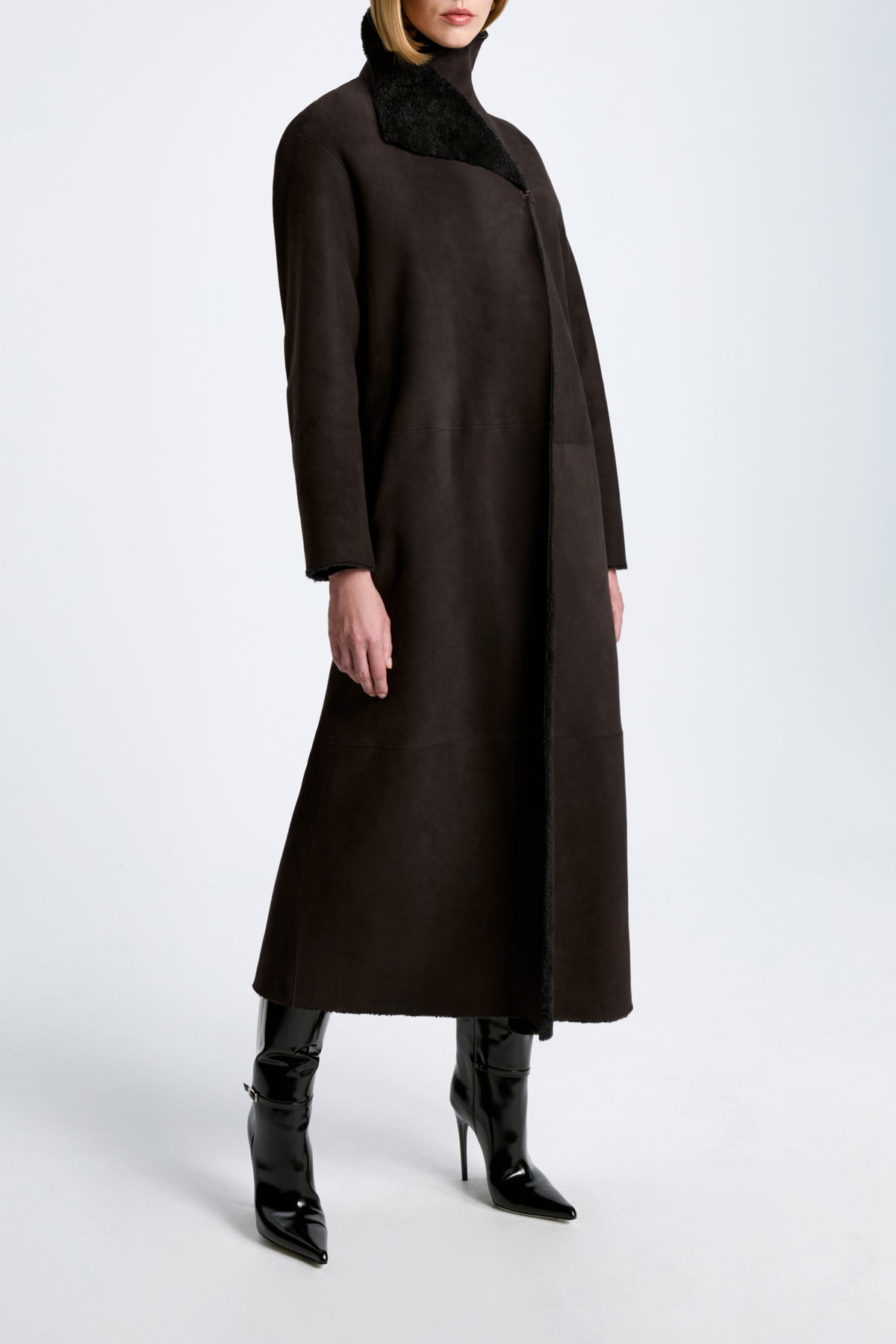 Model is Wearing Nour Hammour Birthday Coat Draped Shearling Coat Brown Black - Front