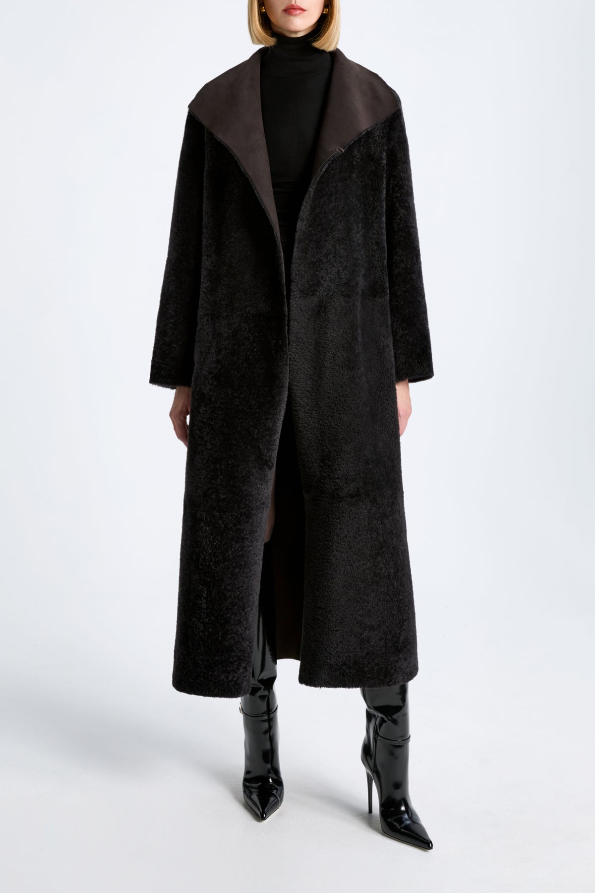Model is Wearing Nour Hammour Birthday Coat Draped Shearling Coat Brown Black - Front 