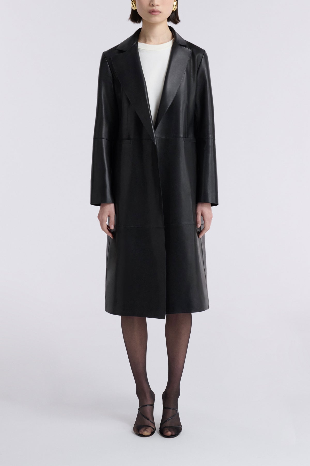 Model is Wearing the Nour Hammour Claude Effortless Leather Coat Noir Classique - Front