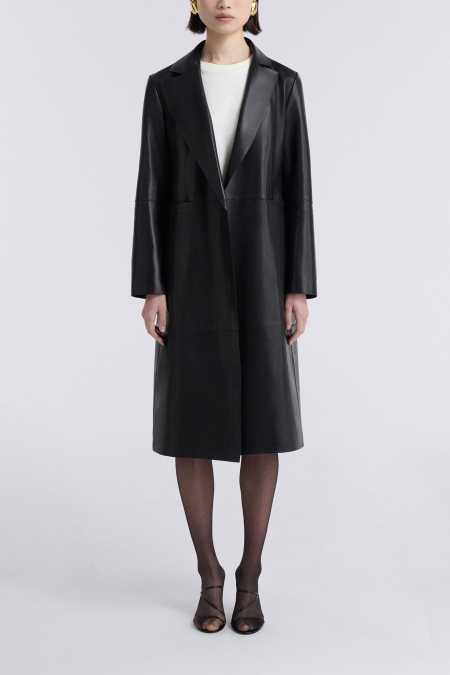 Model is Wearing the Nour Hammour Claude Effortless Leather Coat Noir Classique - Front