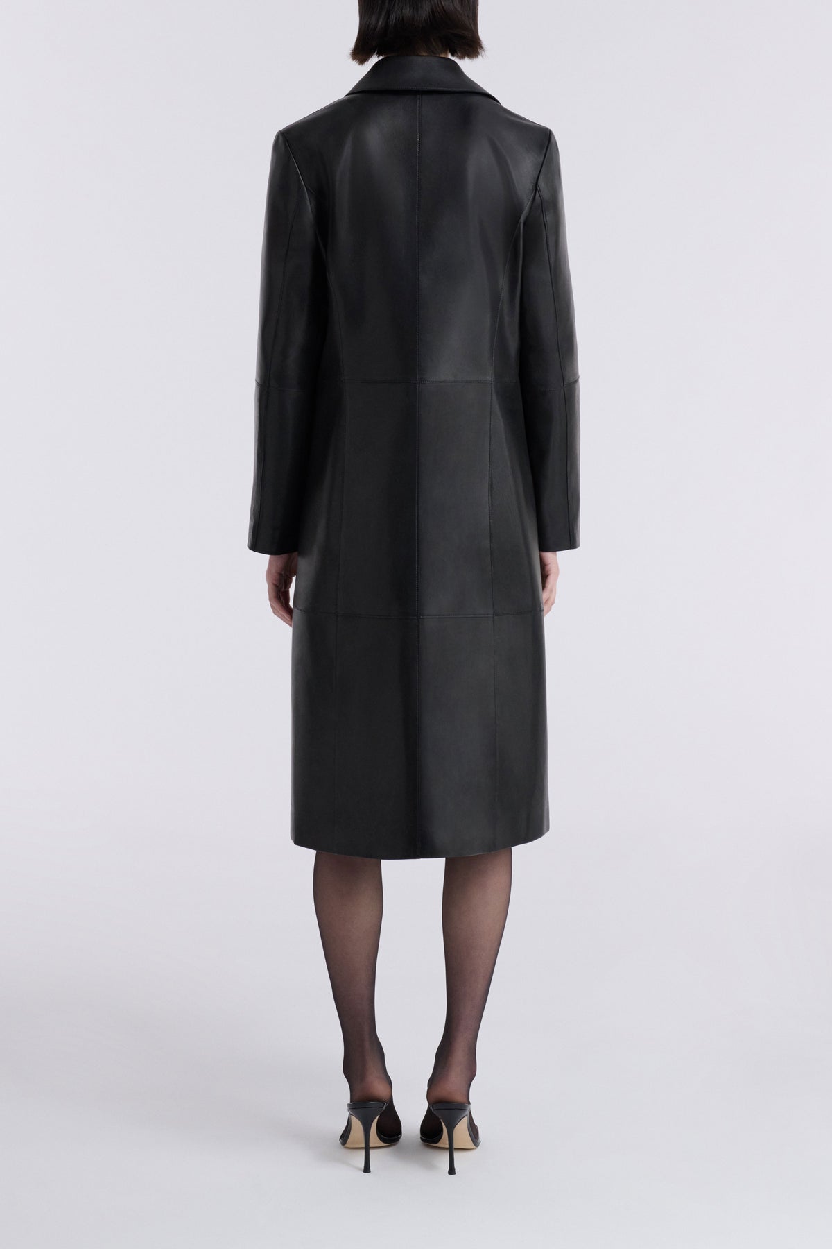 Model is Wearing the Nour Hammour Claude Effortless Leather Coat Noir Classique - Back