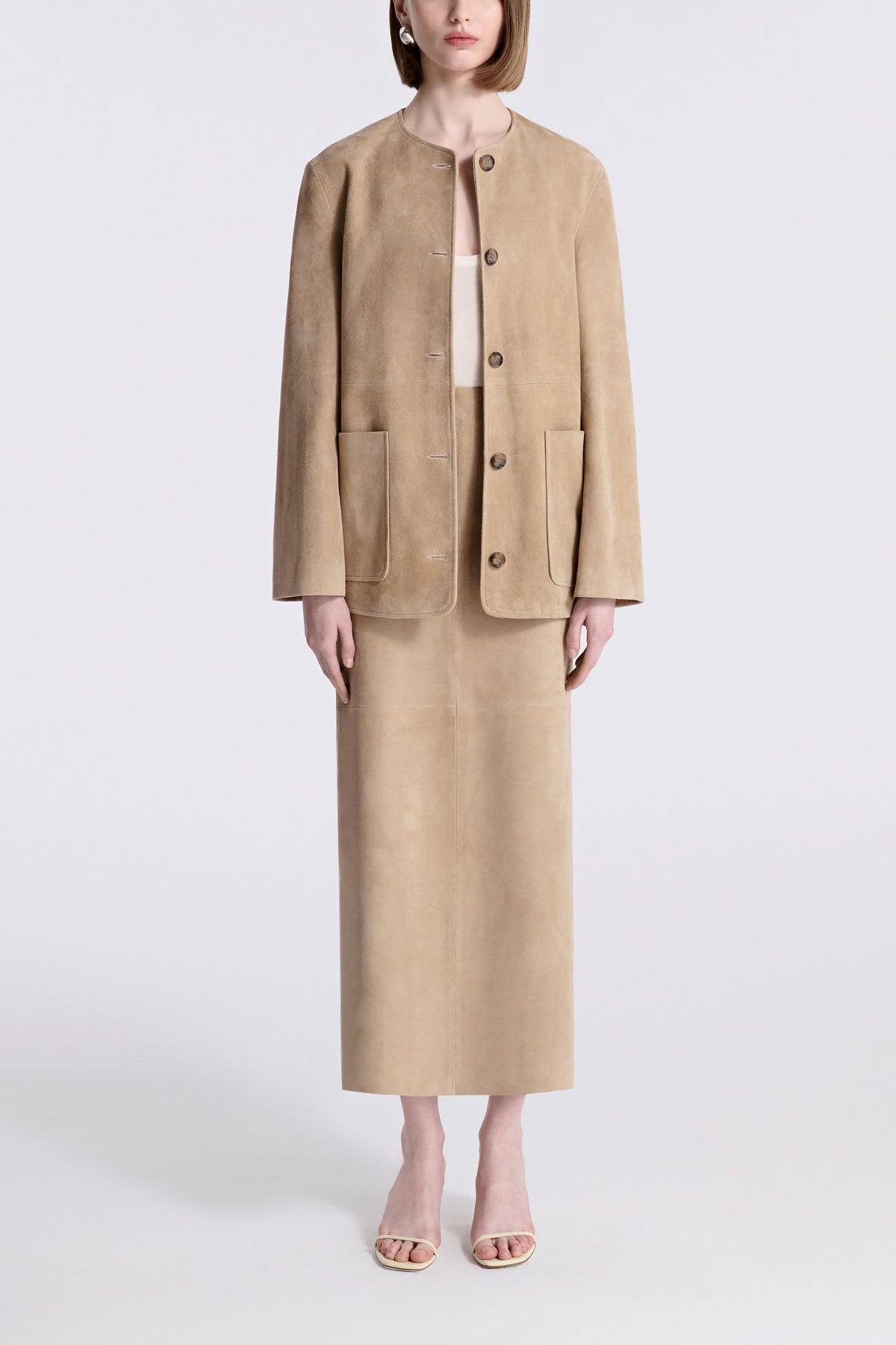 Model is Wearing Nour Hammour Cardigan Collarless Suede Jacket Creme - Front Open