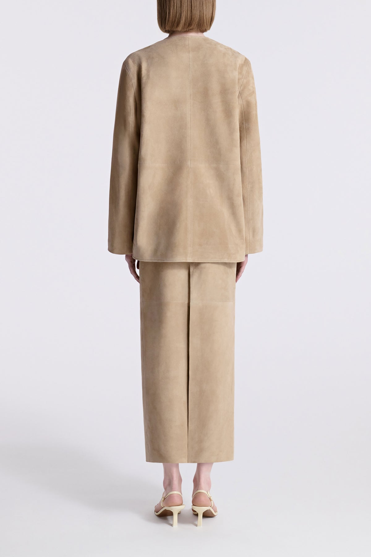Model is Wearing Nour Hammour Cardigan Collarless Suede Jacket Creme - Back
