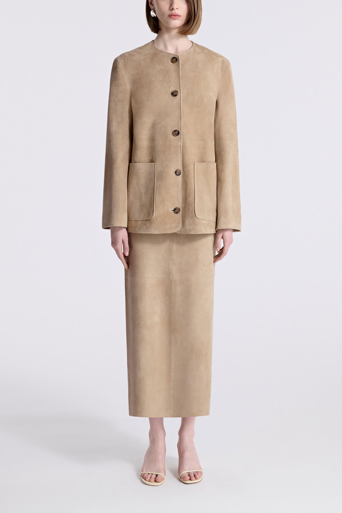 Model is Wearing Nour Hammour Cardigan Collarless Suede Jacket Creme - Front Closed
