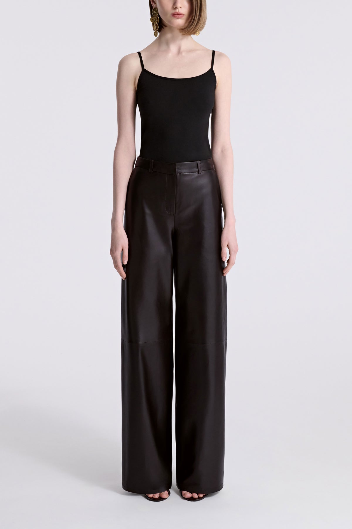 Model is Wearing Nour Hammour Coda Wide Leg Leather Trouser Brown - Front