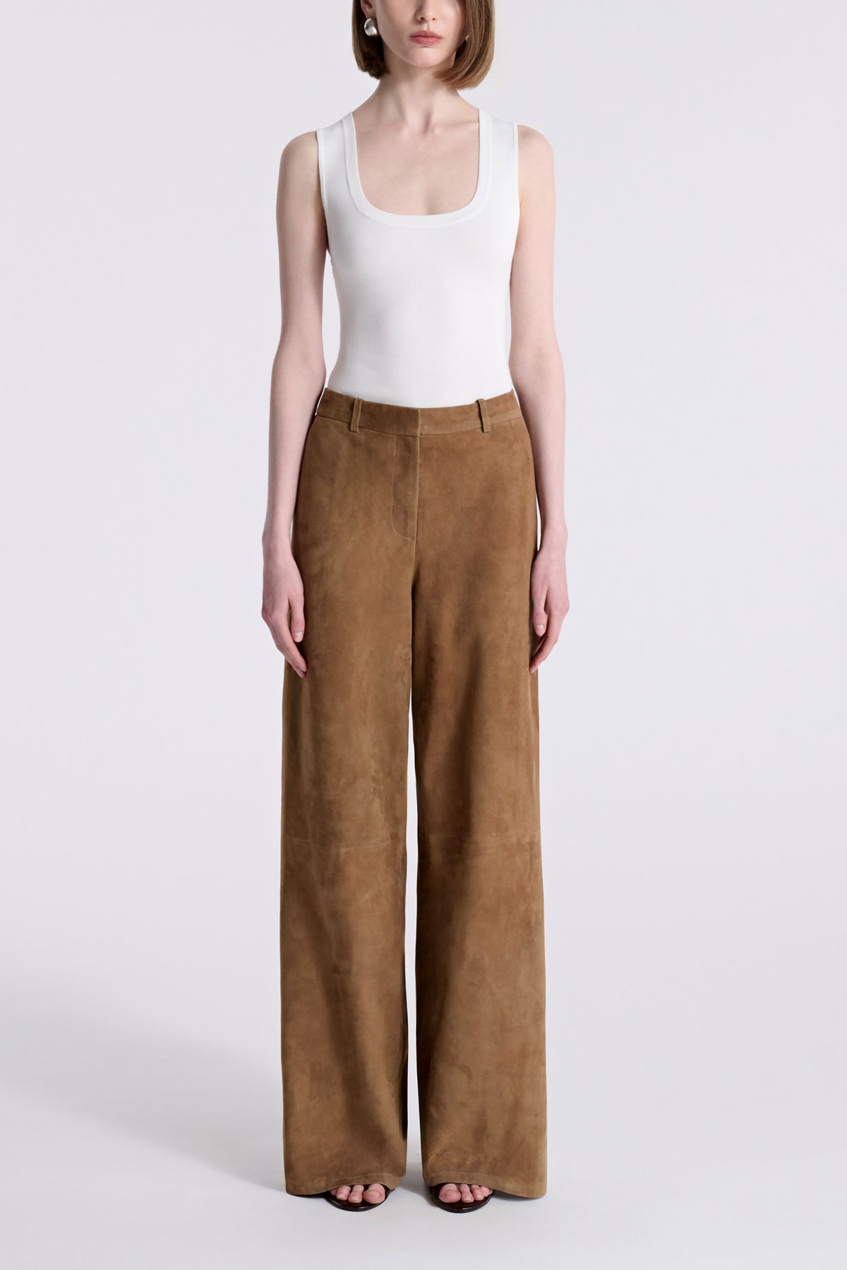 Model is Wearing Nour Hammour Coda Wide Leg Suede Trouser Tobacco - Front