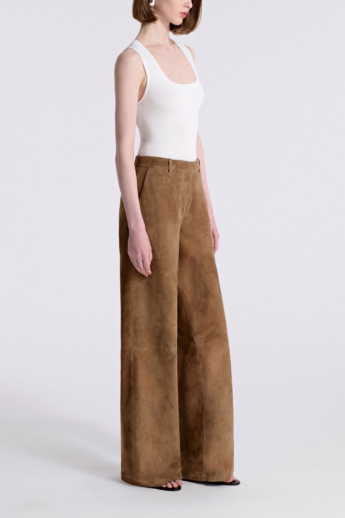 Model is Wearing Nour Hammour Coda Wide Leg Suede Trouser Tobacco - Three Quarters