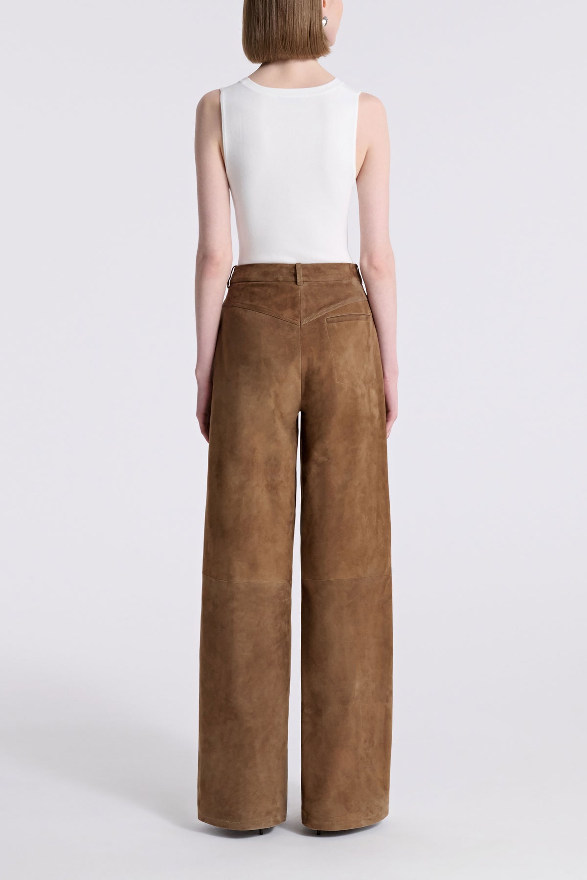 Model is Wearing Nour Hammour Coda Wide Leg Suede Trouser Tobacco - Back