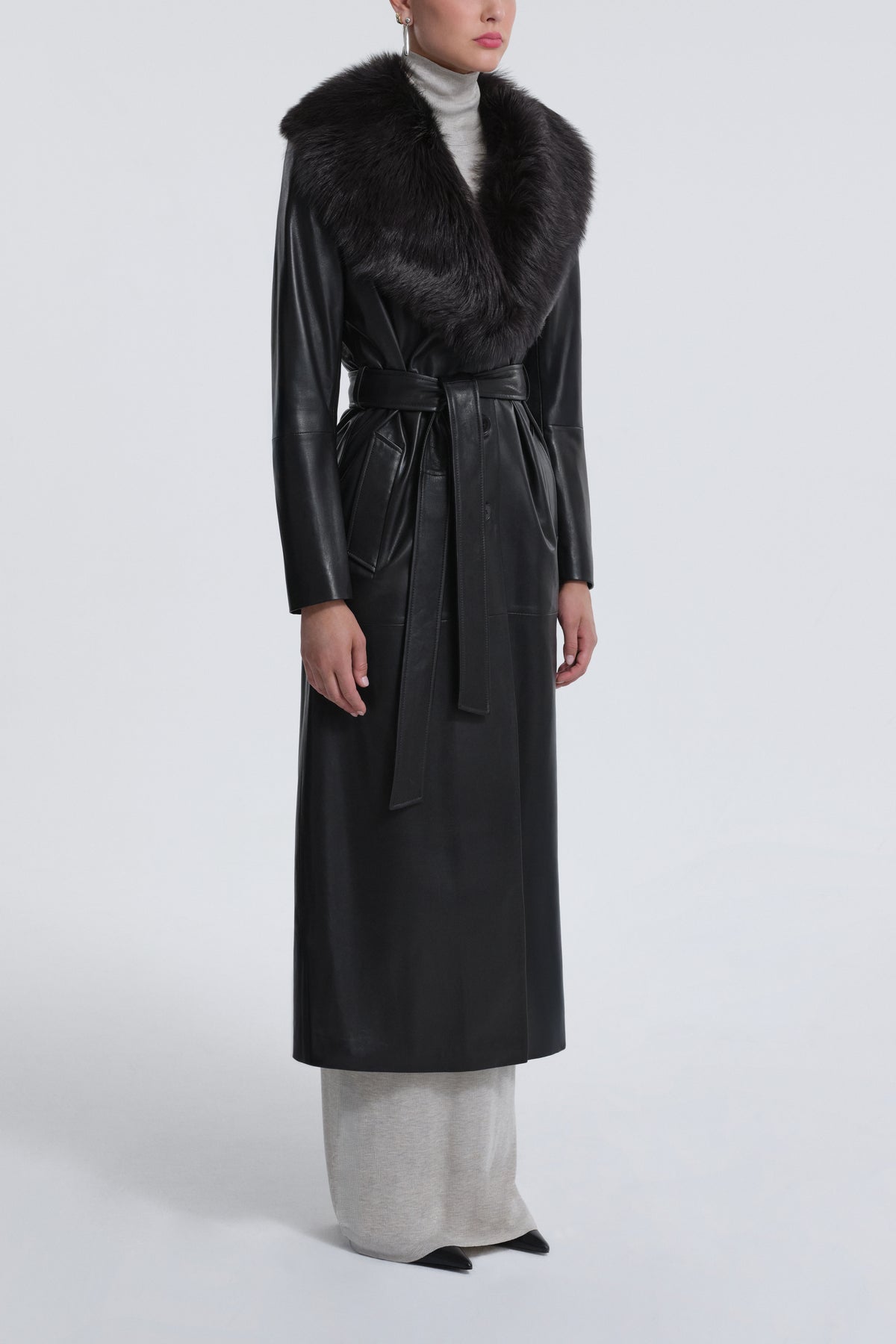 Model is Wearing Nour Hammour Dakota Glam Shearling Collar Trench Black Espresso - Three Quarters