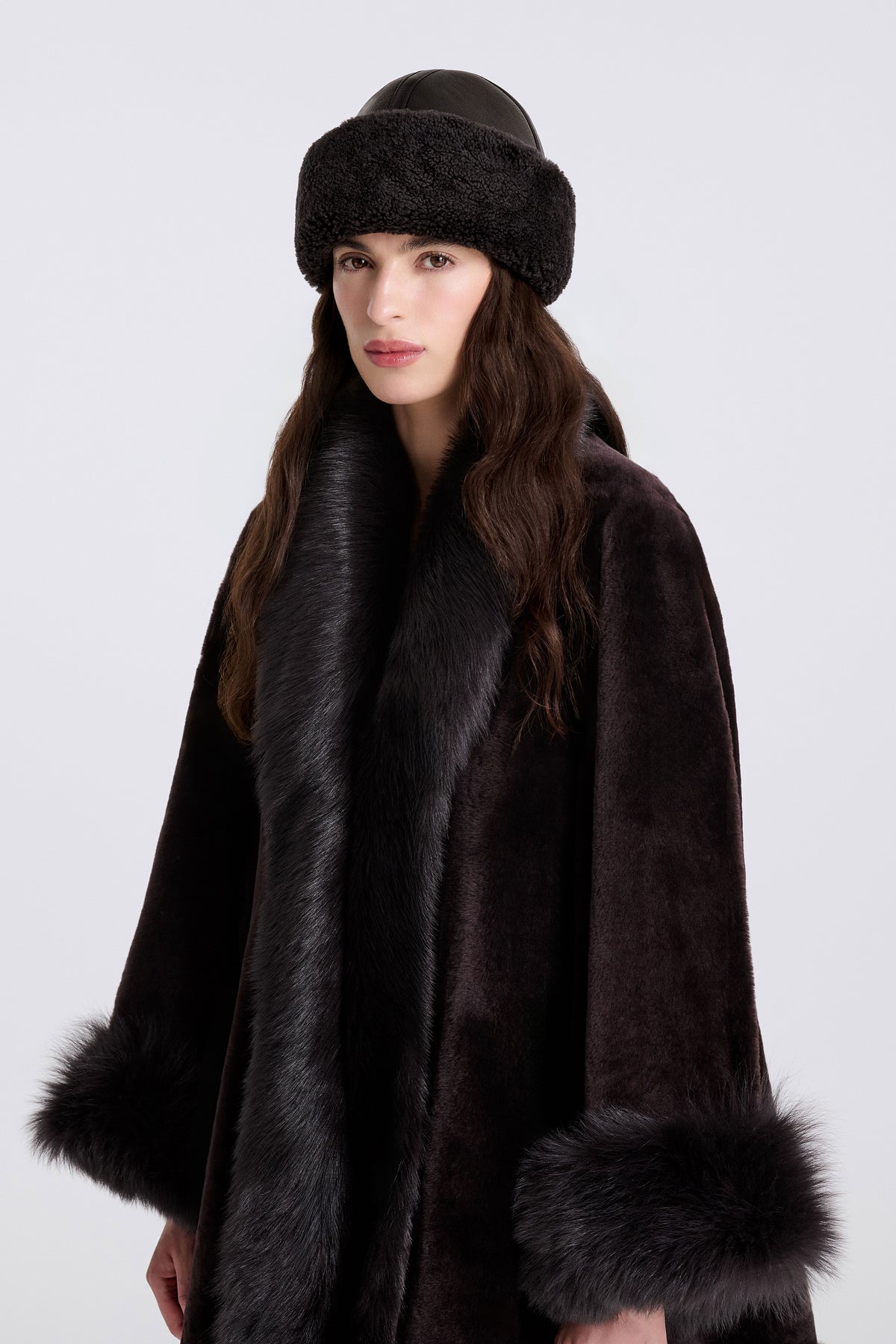 Model is Wearing Nour Hammour Dallen Shearling Leather Winter Hat Brown - Front