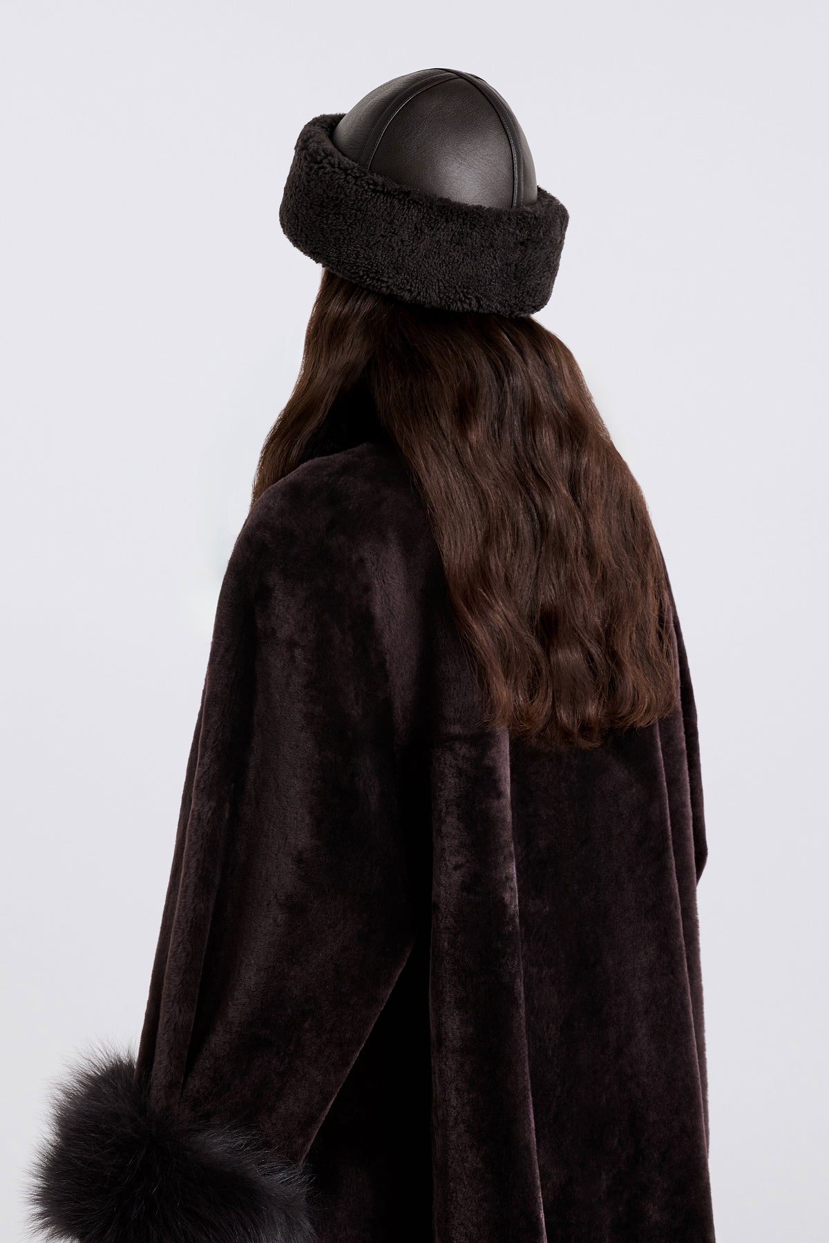 Model is Wearing Nour Hammour Dallen Shearling Leather Winter Hat Brown - Back