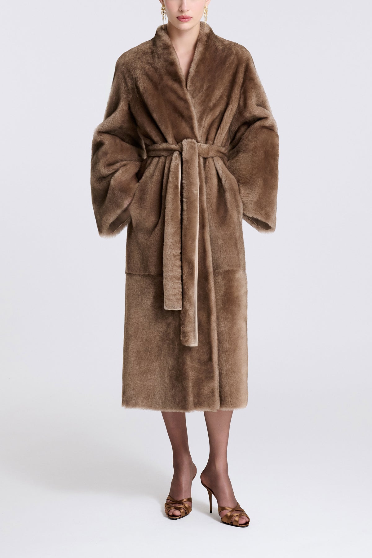 Model is Wearing Nour Hammour Davos Shearling Belted Robe Coat Mink Toffee - Front