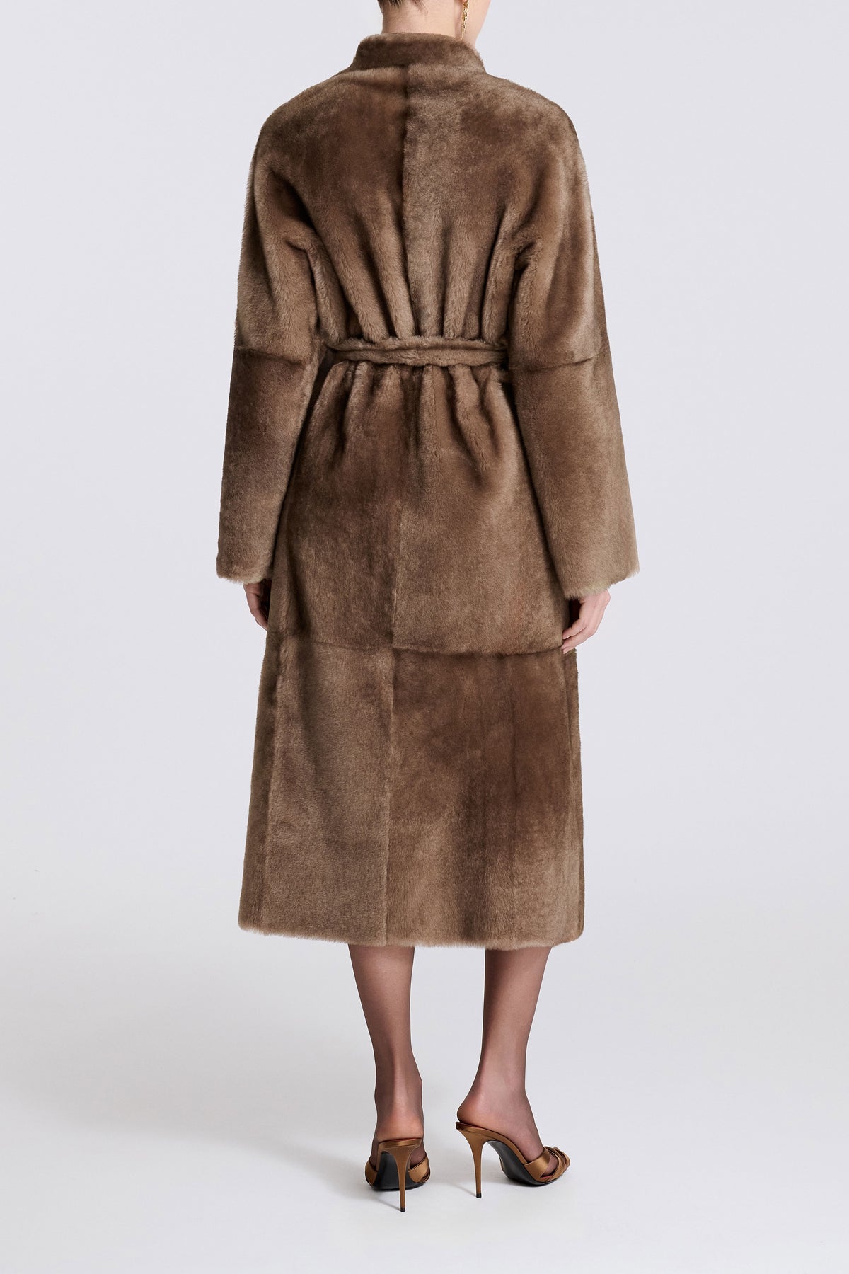 Model is Wearing Nour Hammour Davos Shearling Belted Robe Coat Mink Toffee - Back
