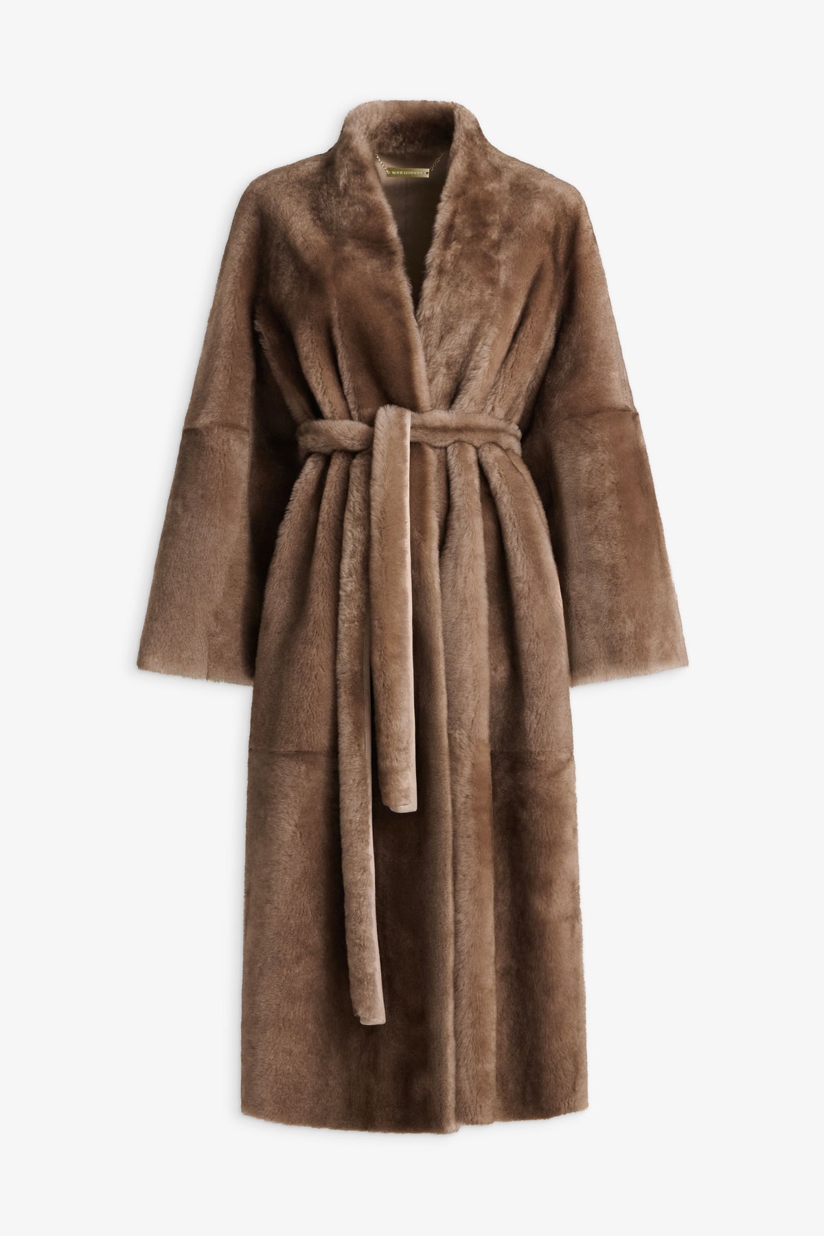 Nour Hammour Davos Shearling Belted Robe Coat Mink Toffee - Silhouette