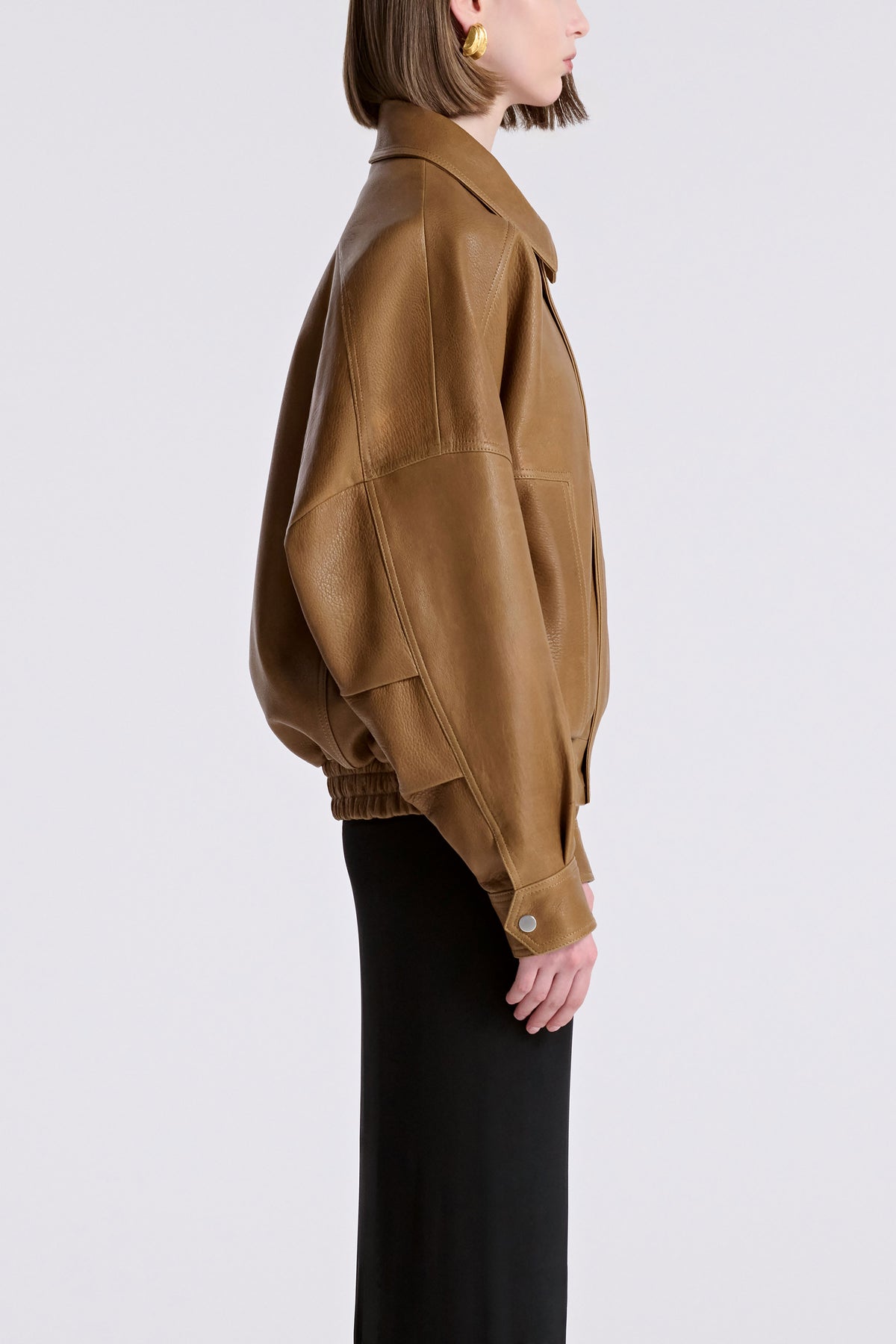Model is Wearing Nour Hammour Dama Menswear Leather Bomber Butterscotch - Side