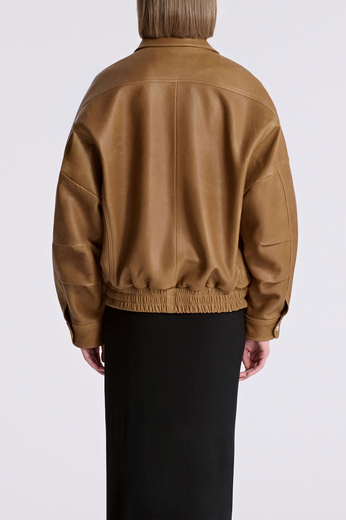 Model is Wearing Nour Hammour Dama Menswear Leather Bomber Butterscotch - Back