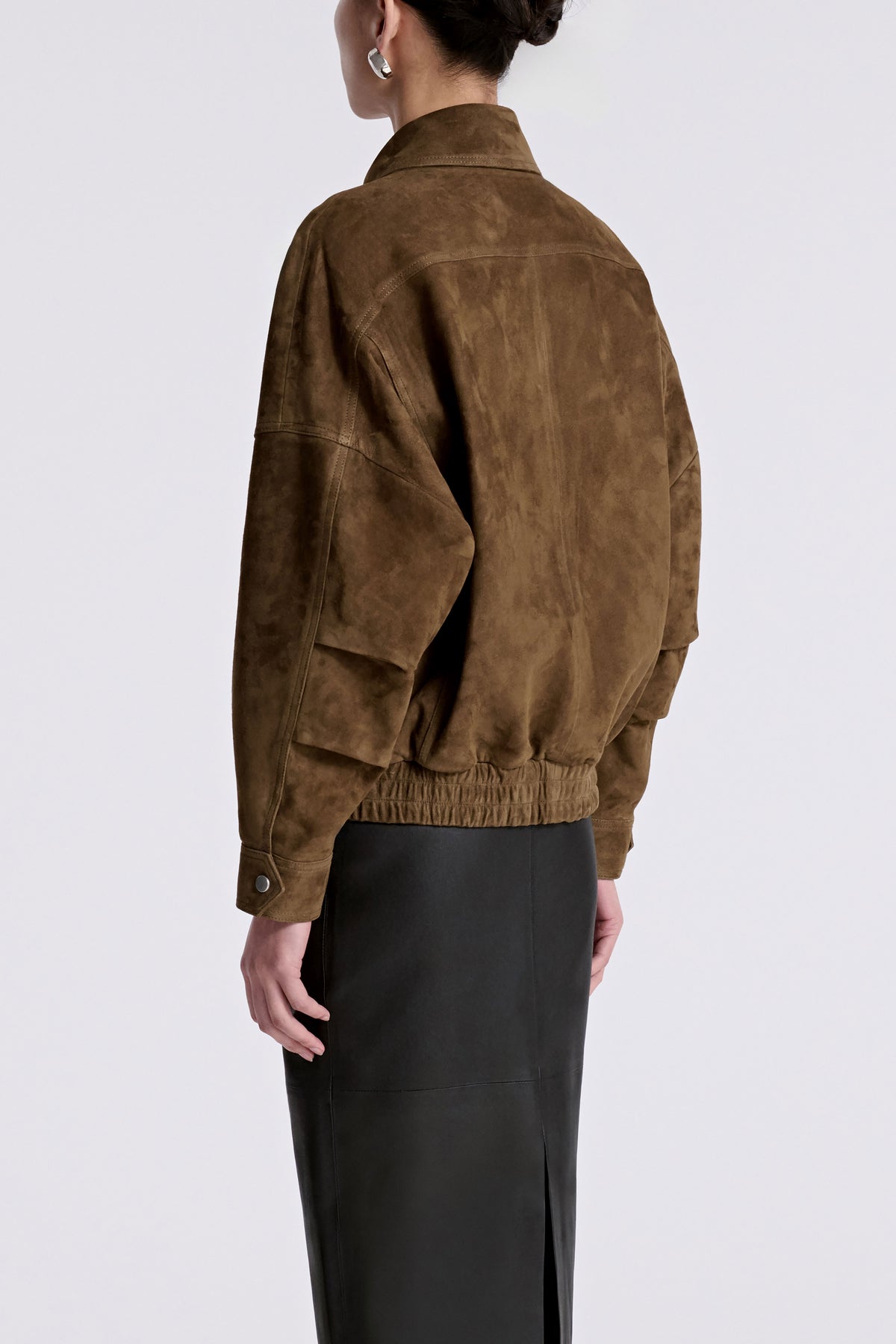 Model is Wearing Nour Hammour Dalma Menswear Suede Bomber Bark - Back
