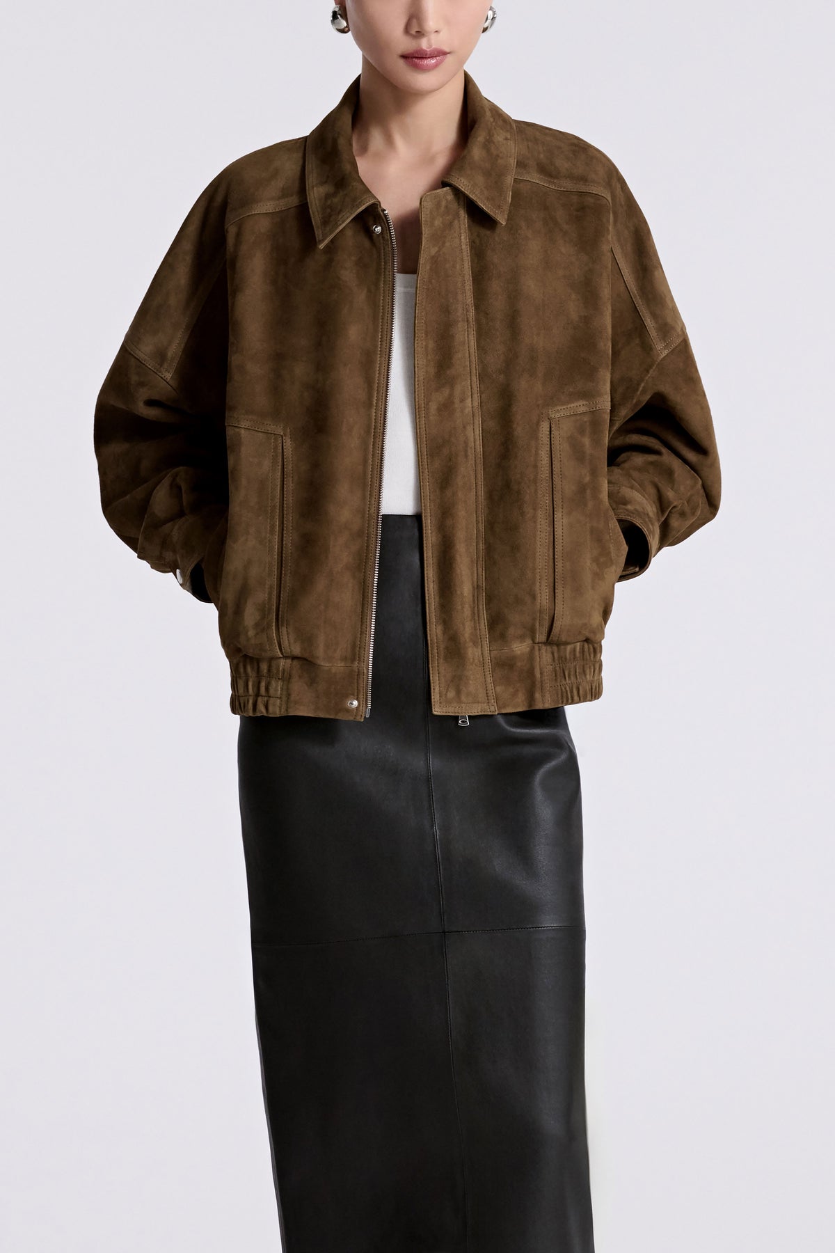 Model is Wearing Nour Hammour Dalma Menswear Suede Bomber Bark - Front Open