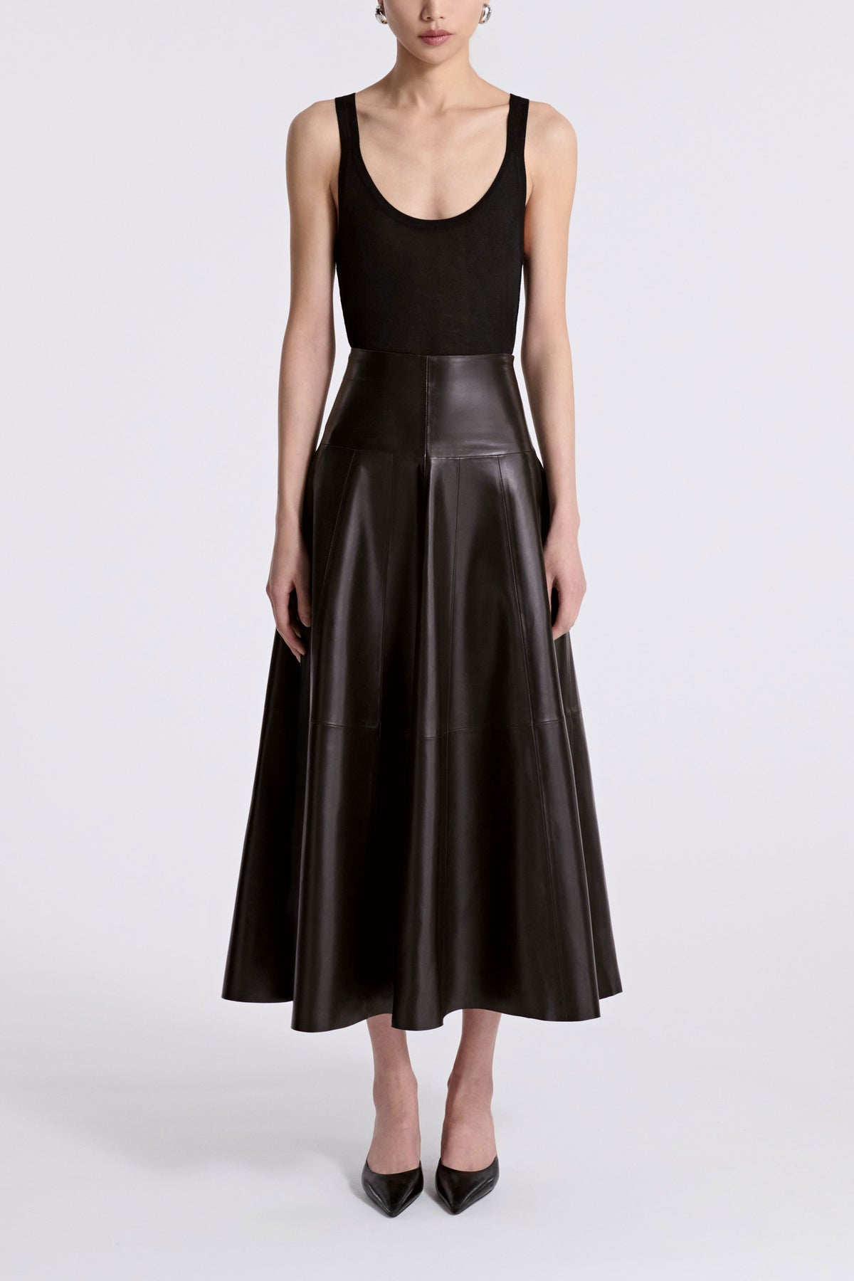 Model is Wearing Nour Hammour Daria Full Leather Circle Skirt Dark Brown - Front