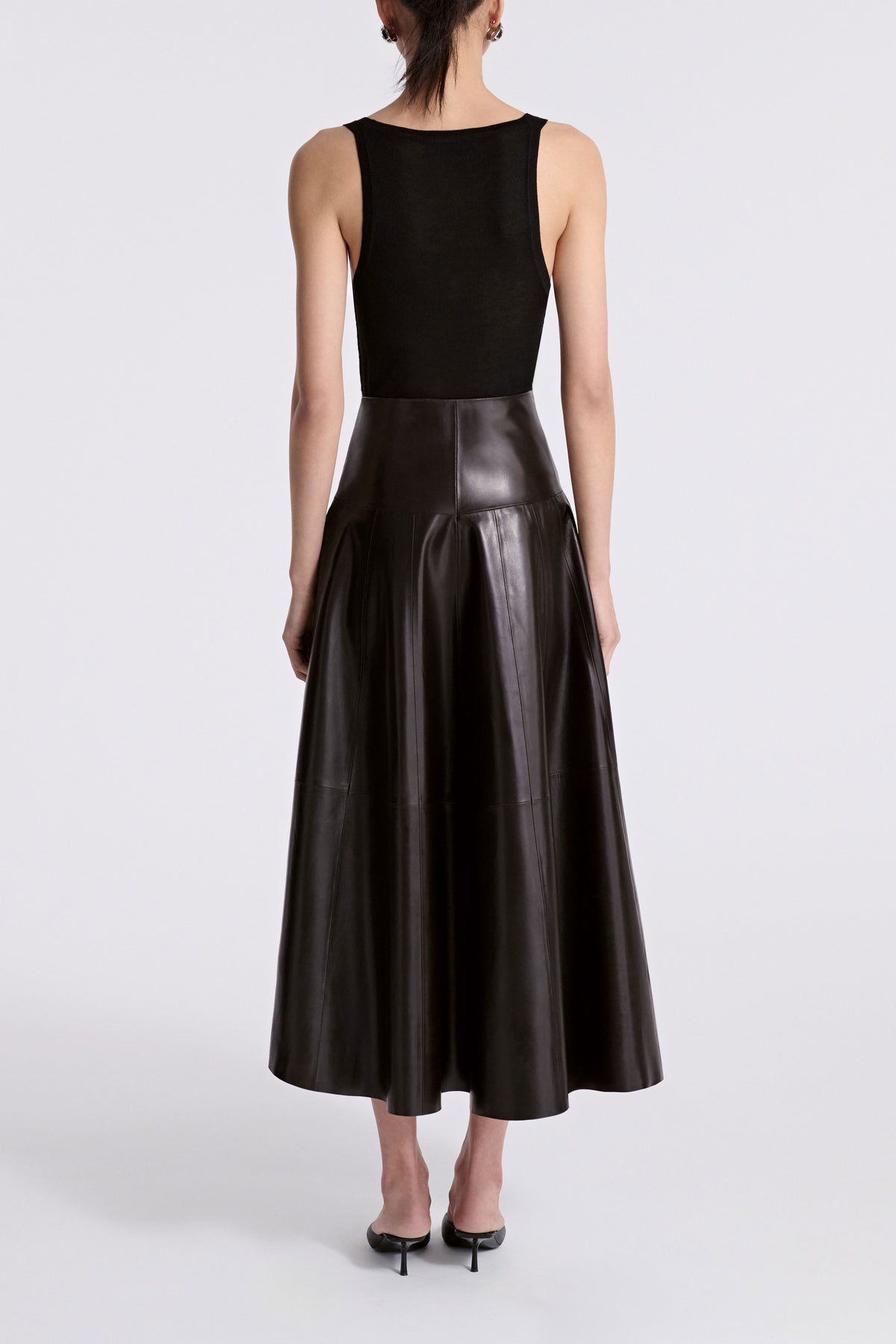 Model is Wearing Nour Hammour Daria Full Leather Circle Skirt Dark Brown - Back