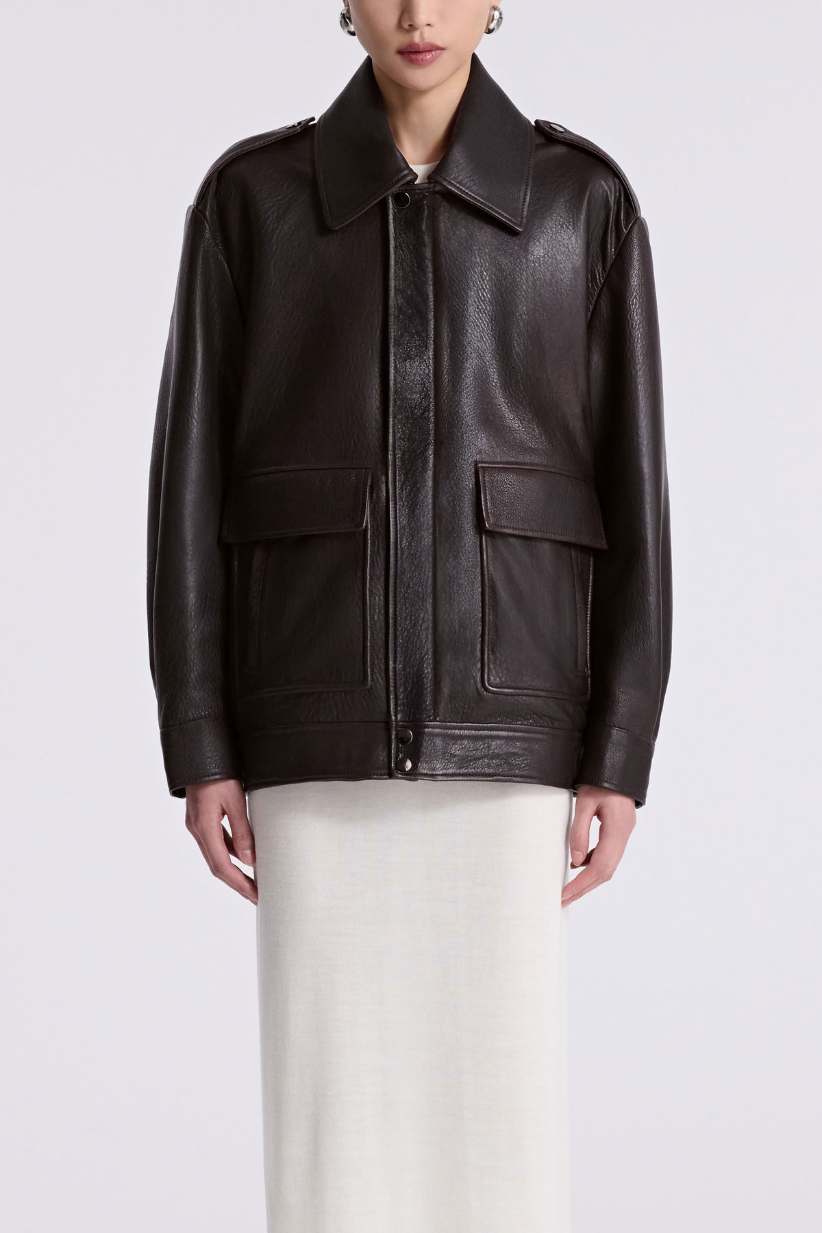 Model is wearing the Nour Hammour Drey Chocolat Fondant The It Girl Jacket - Front Closed