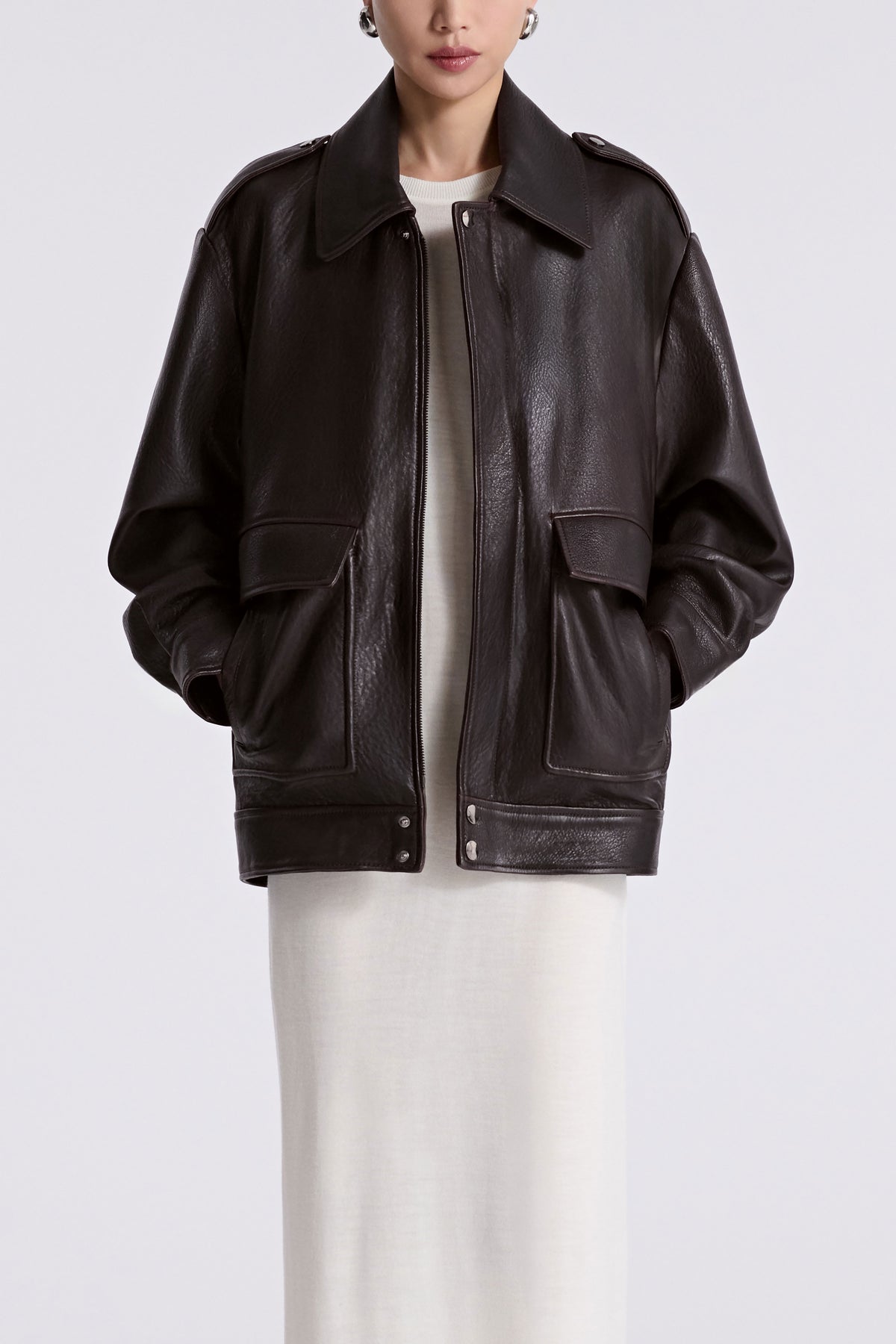 Model is wearing the Nour Hammour Drey Chocolat Fondant The It Girl Jacket - Front Open