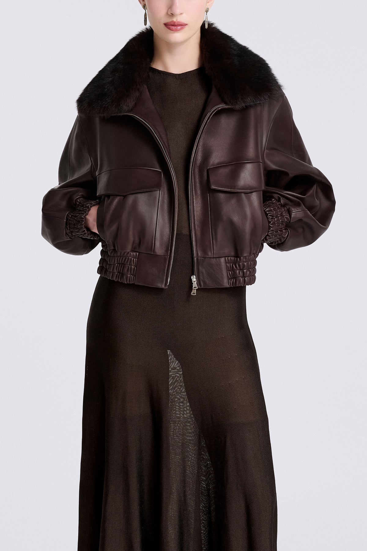 Model is Wearing Nour Hammour Ellery Shearling Collar Leather Bomber Brown -  Front Open