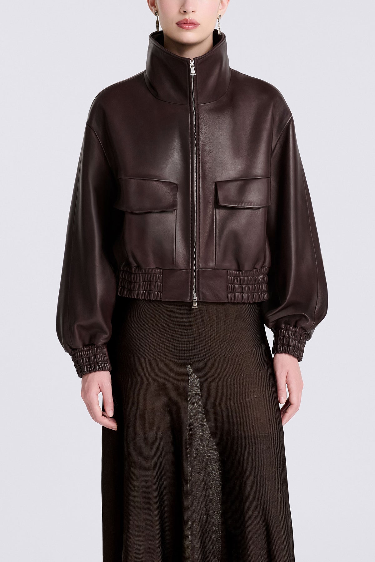 Model is Wearing Nour Hammour Ellery Shearling Collar Leather Bomber Brown - Front Closed