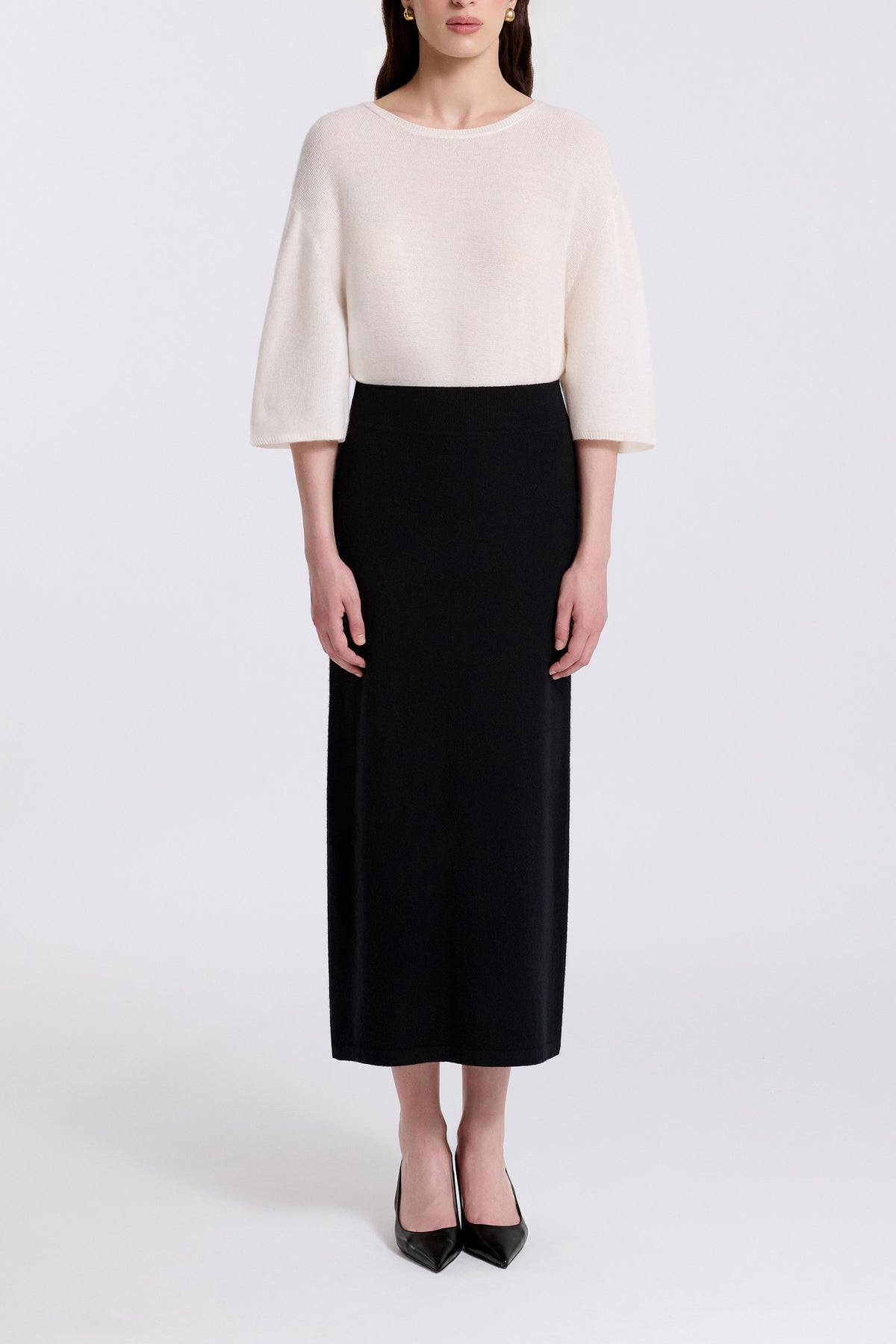 Model is Wearing Nour Hammour Elyse Cashmere Column Skirt Black - Front
