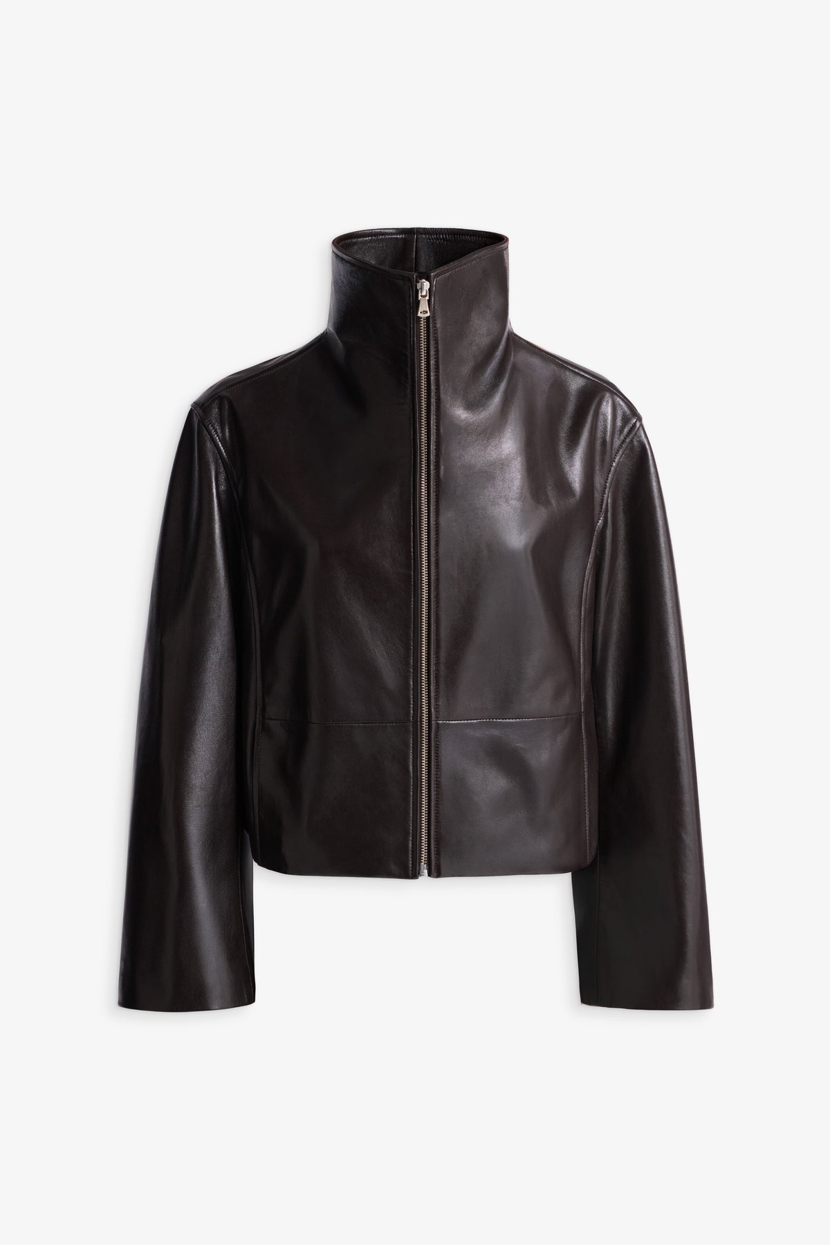 Nour Hammour Etienne Funnel Neck Leather Jacket Dark Brown - Silhouette