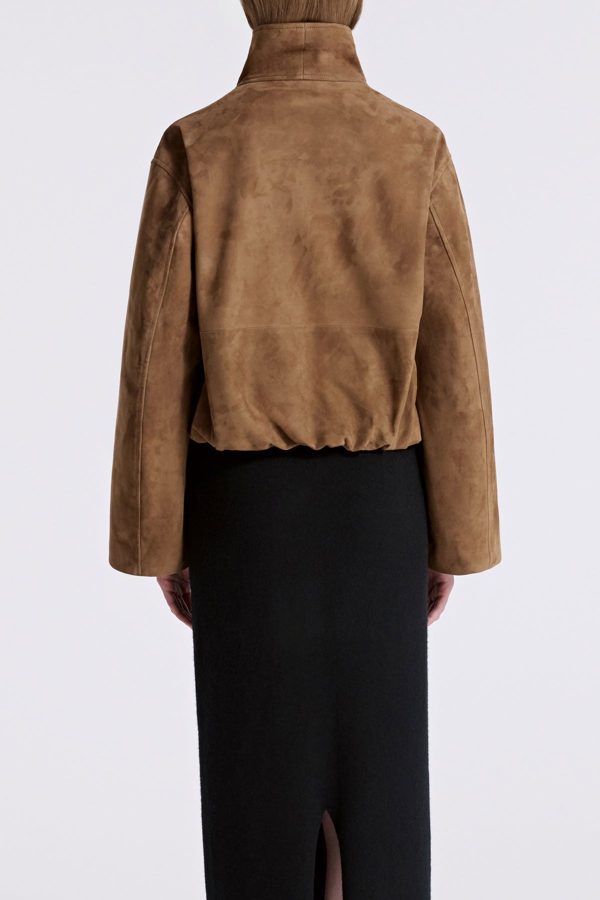 Model is Wearing Nour Hammour Etienne Funnel Neck Suede Jacket Tobacco - Back