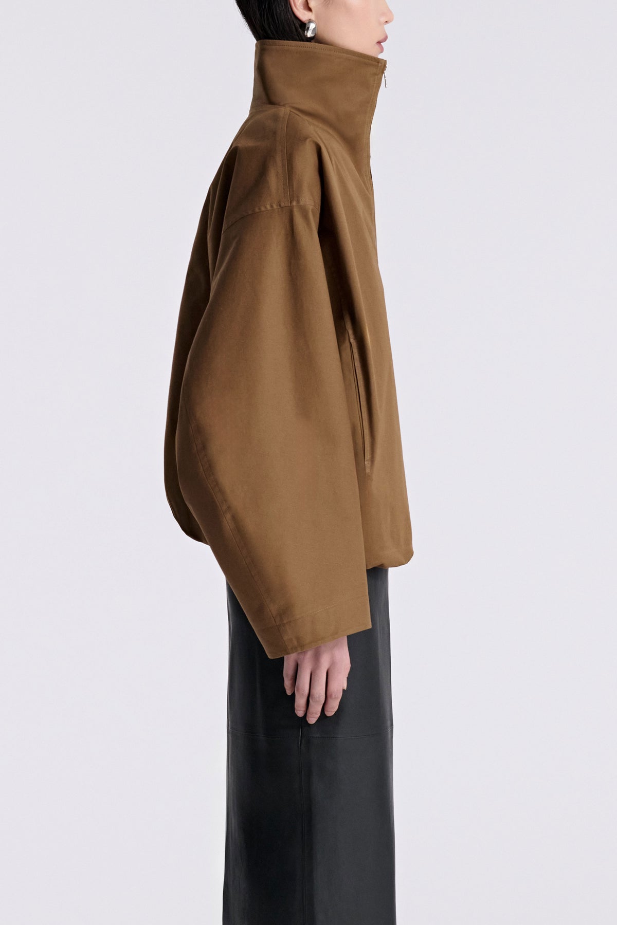 Model is Wearing Nour Hammour Francois Funnel Neck Cotton Bomber Camel - Side