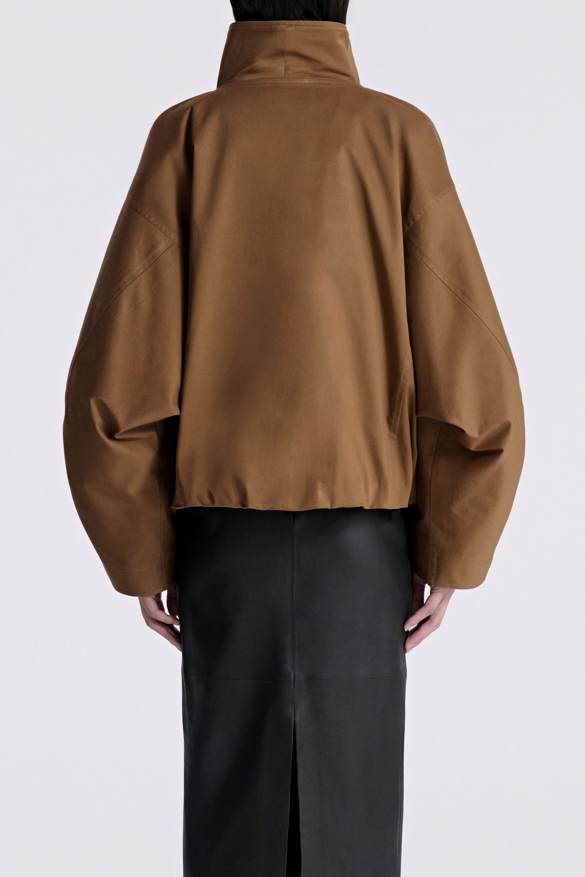 Model is Wearing Nour Hammour Francois Funnel Neck Cotton Bomber Camel - Back