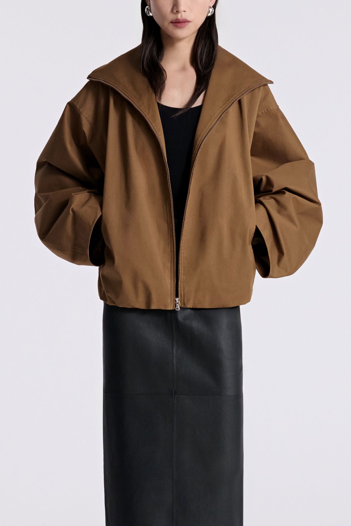 Model is Wearing Nour Hammour Francois Funnel Neck Cotton Bomber Camel - Front Open
