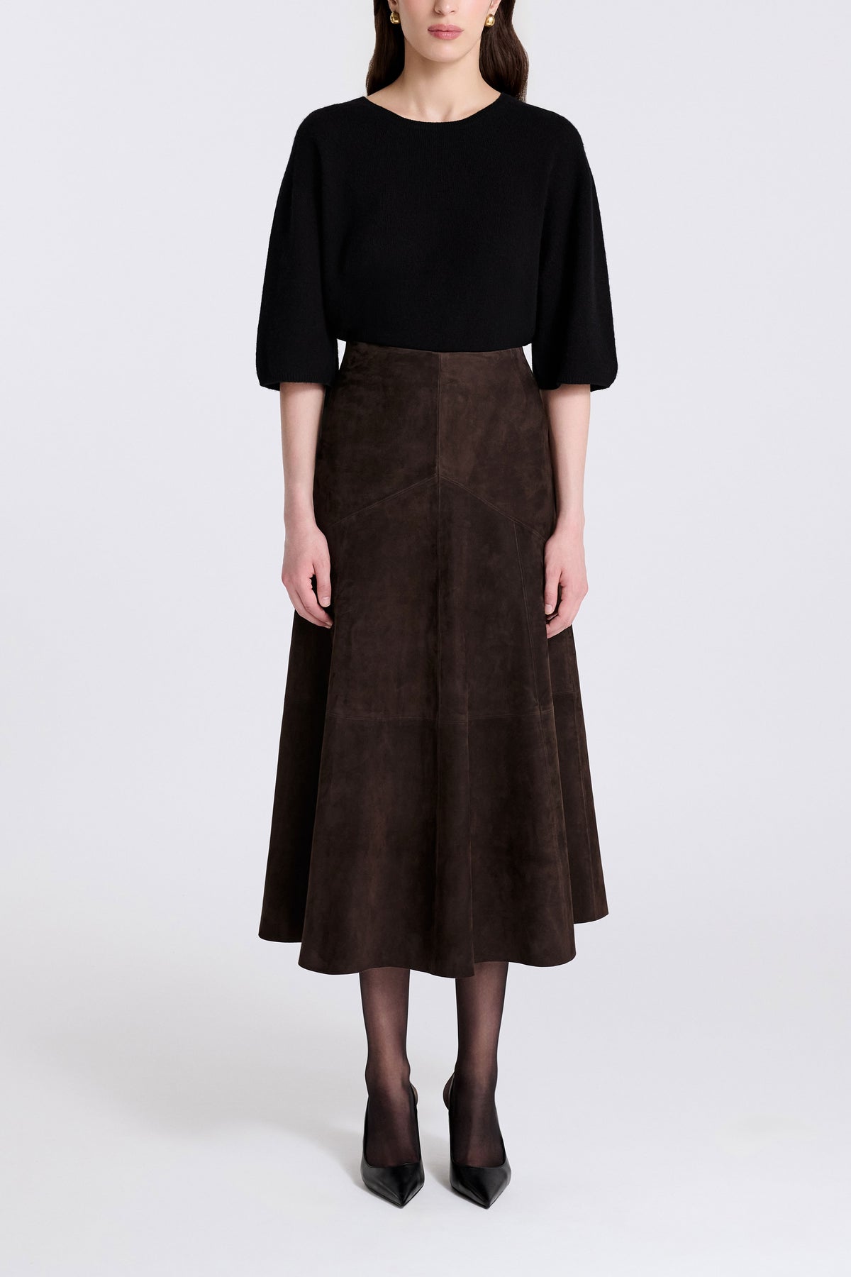 Model is Wearing Nour Hammour Garnier Suede Circle Skirt Mocha - Front