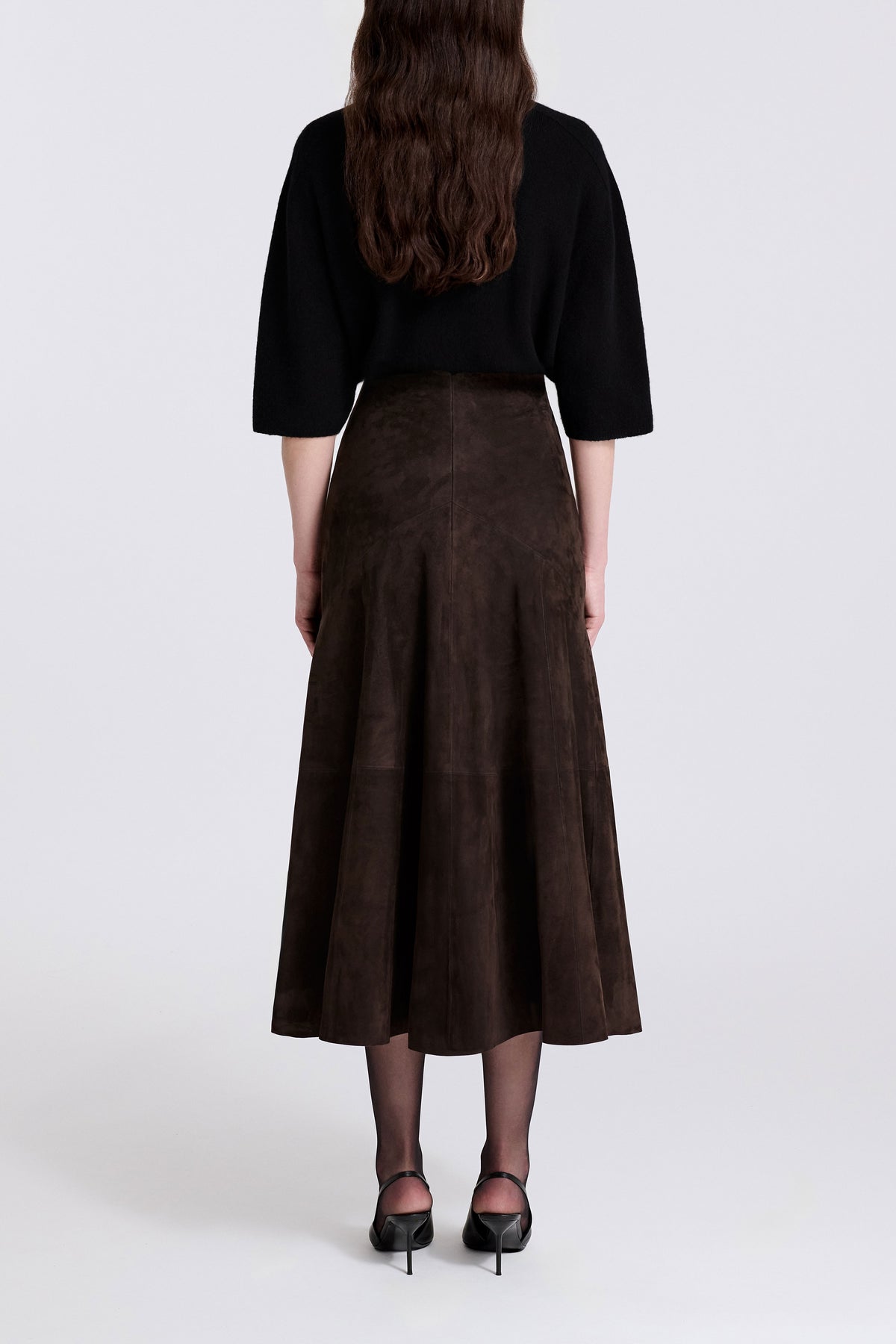 Model is Wearing Nour Hammour Garnier Suede Circle Skirt Mocha - Back