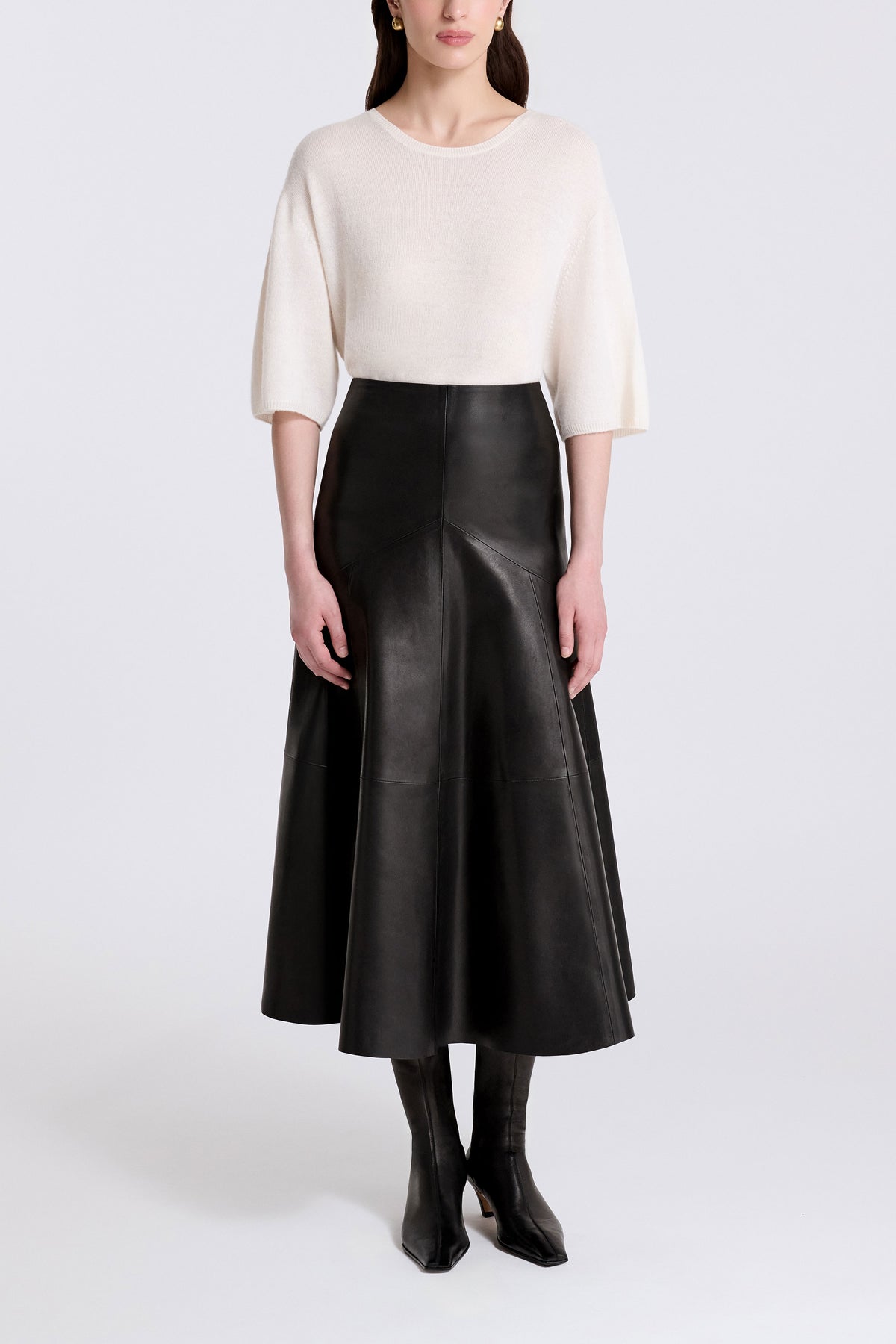 Model is Wearing Nour Hammour Garnier Leather Circle Skirt Noir Classique - Front