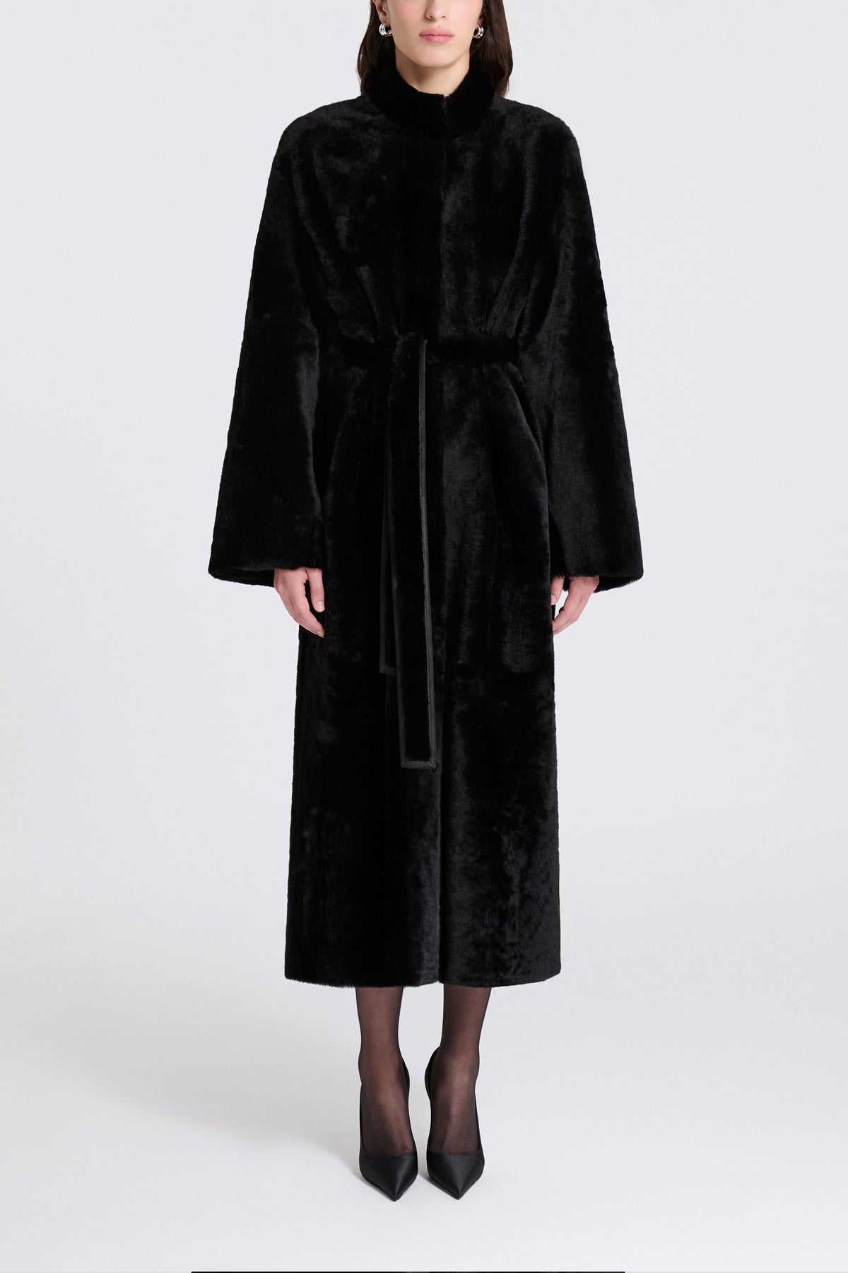 Model is Wearing Nour Hammour Grace Soft Merinos Shearling Coat Black Merinos - Front
