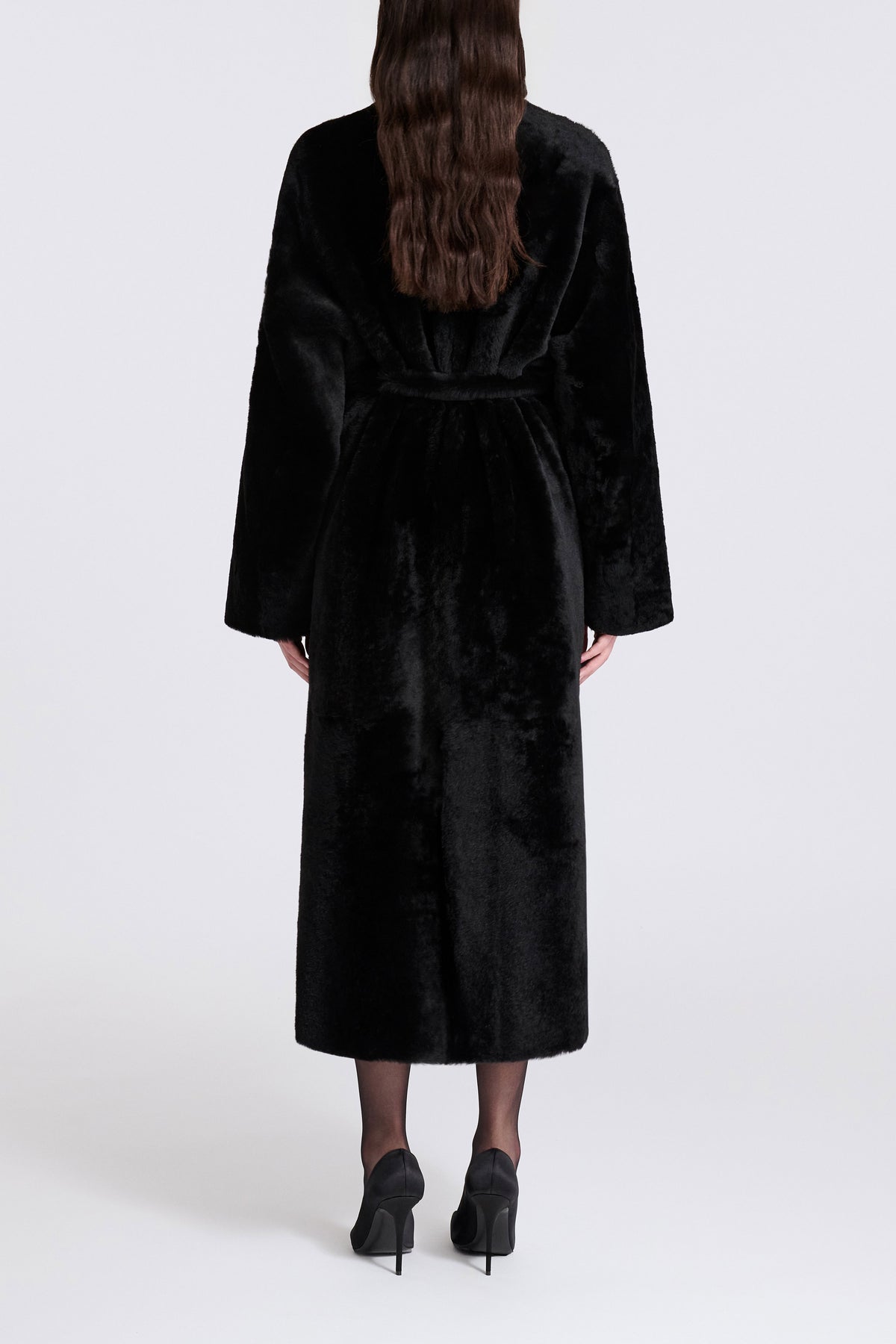 Model is Wearing Nour Hammour Grace Soft Merinos Shearling Coat Black Merinos - Back