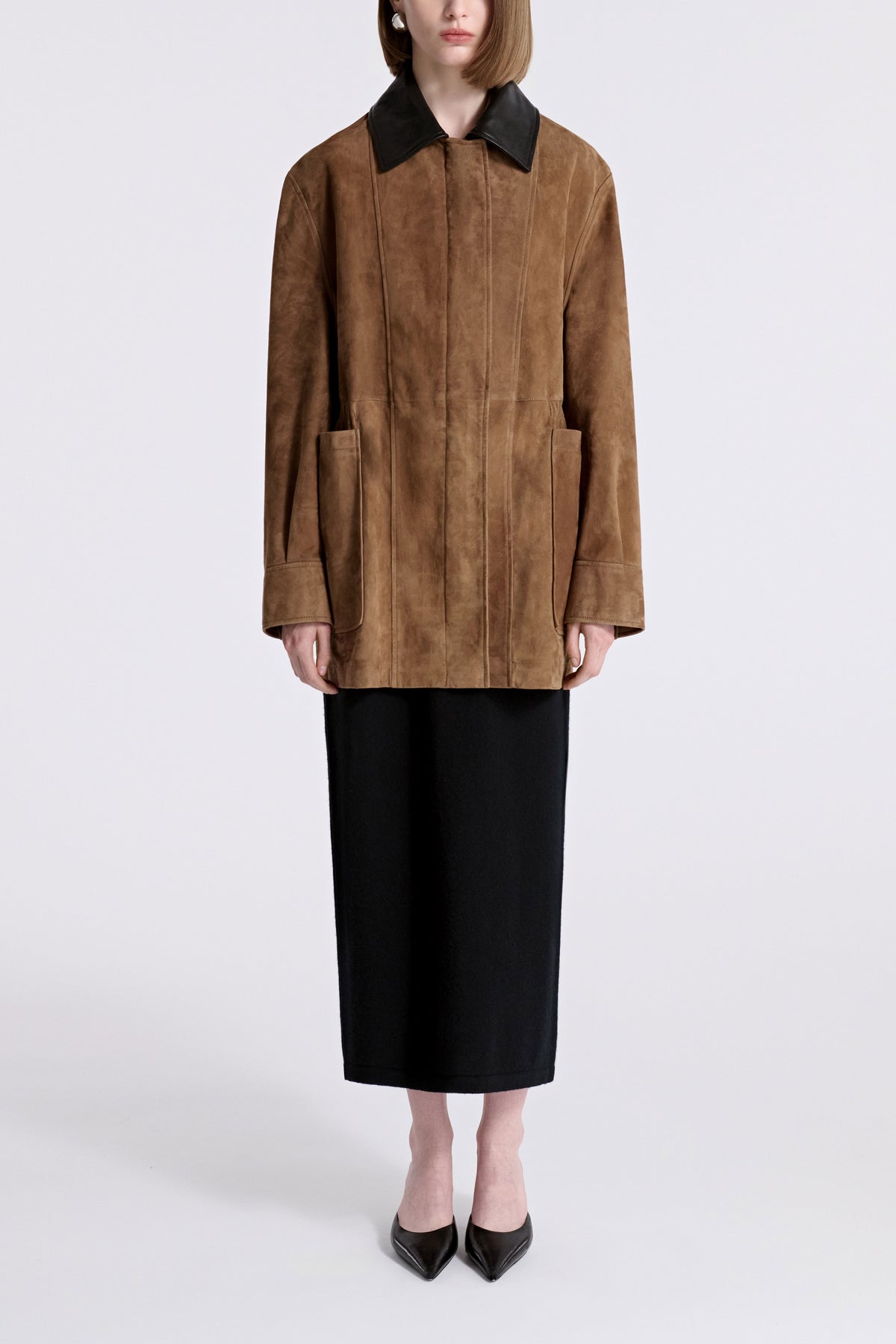 Model is Wearing Nour Hammour Grange Workwear Suede Jacket Tobacco - Front